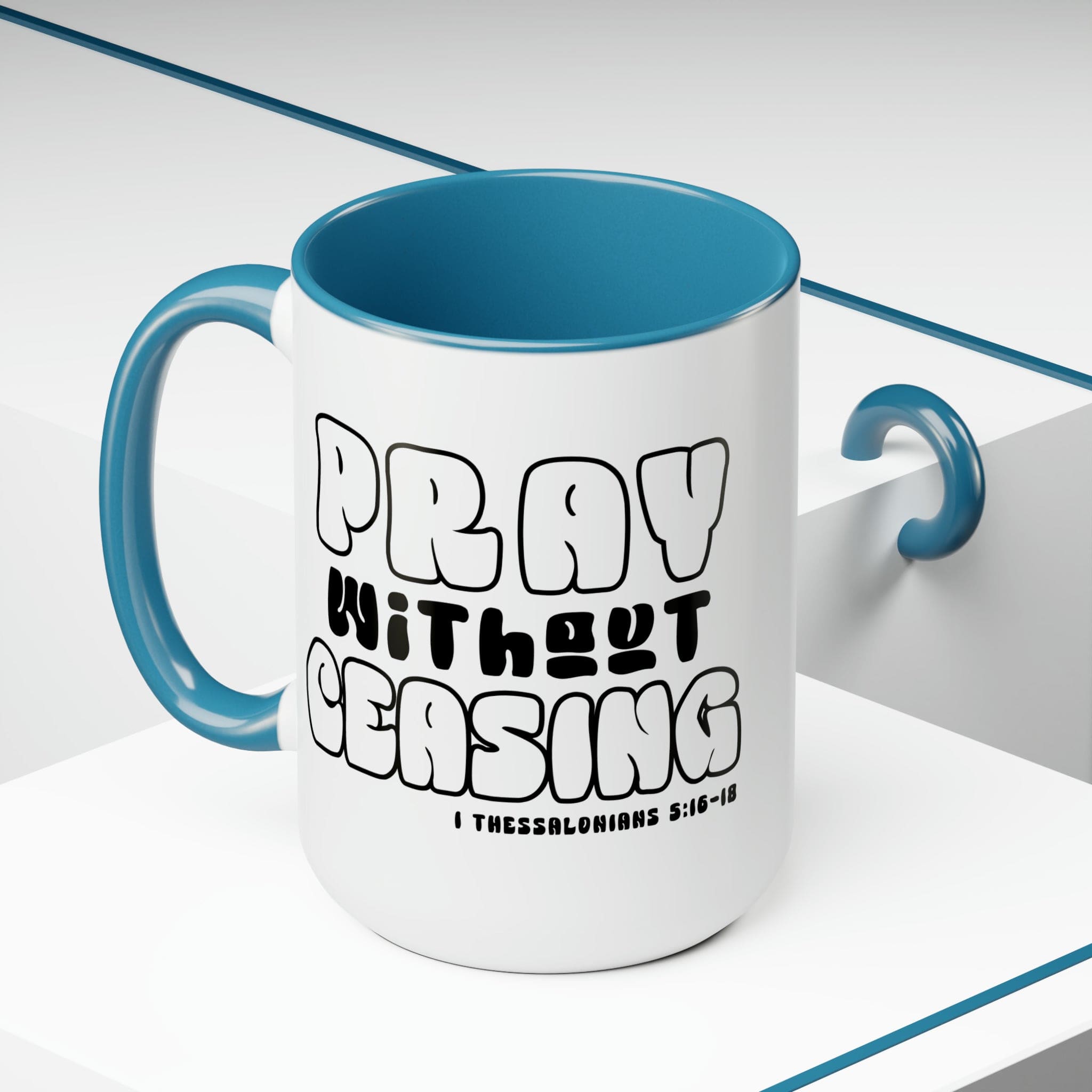 Accent Ceramic Coffee Mug featuring a black and white design with the phrase 'Pray Without Ceasing', perfect for coffee or tea.