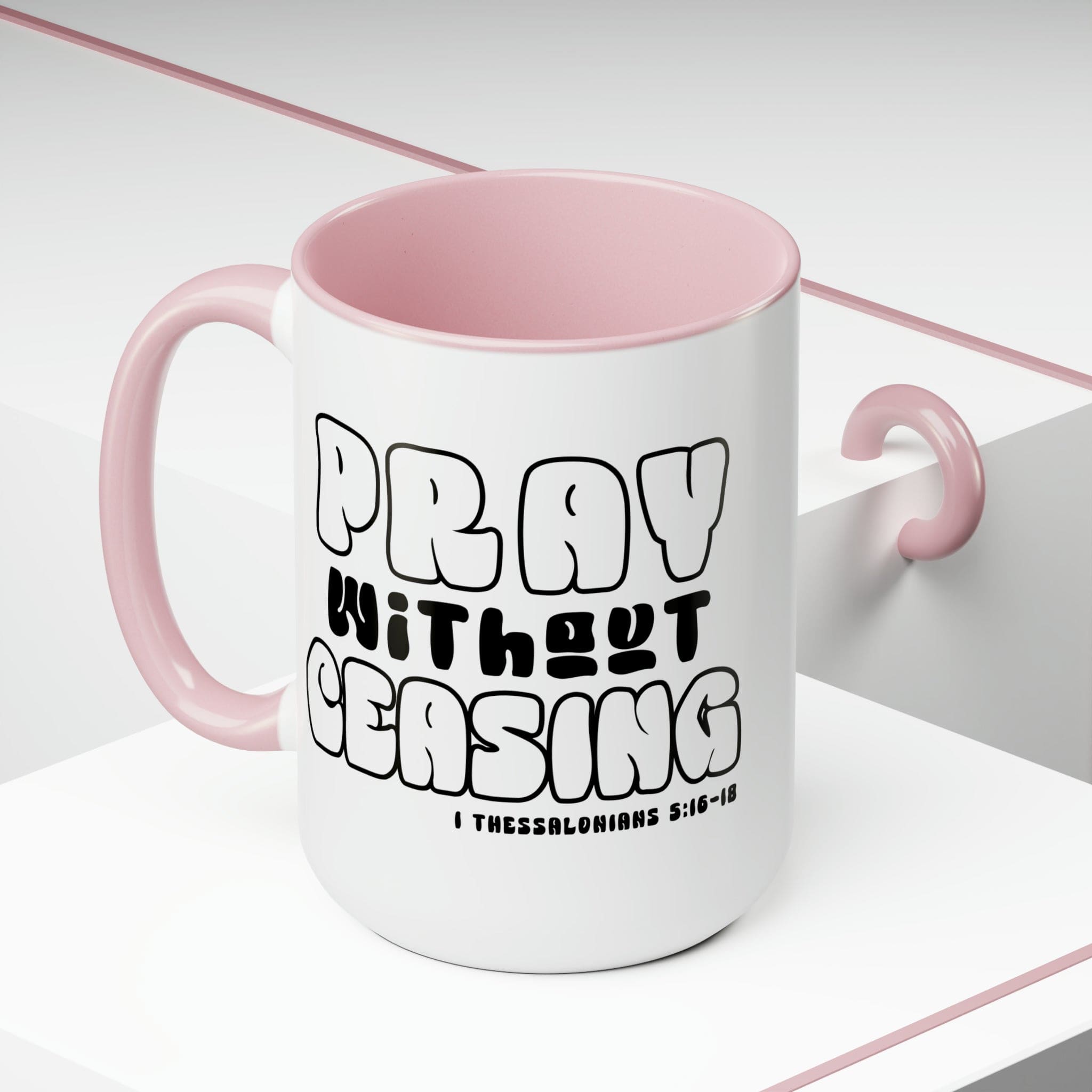 Accent Ceramic Coffee Mug featuring a black and white design with the phrase 'Pray Without Ceasing', perfect for coffee or tea.