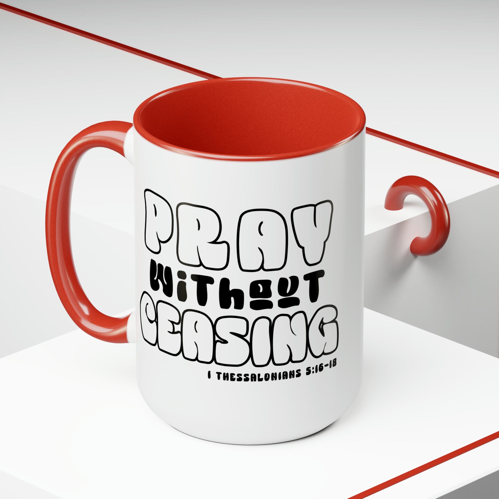 Accent Ceramic Coffee Mug featuring a black and white design with the phrase 'Pray Without Ceasing', perfect for coffee or tea.