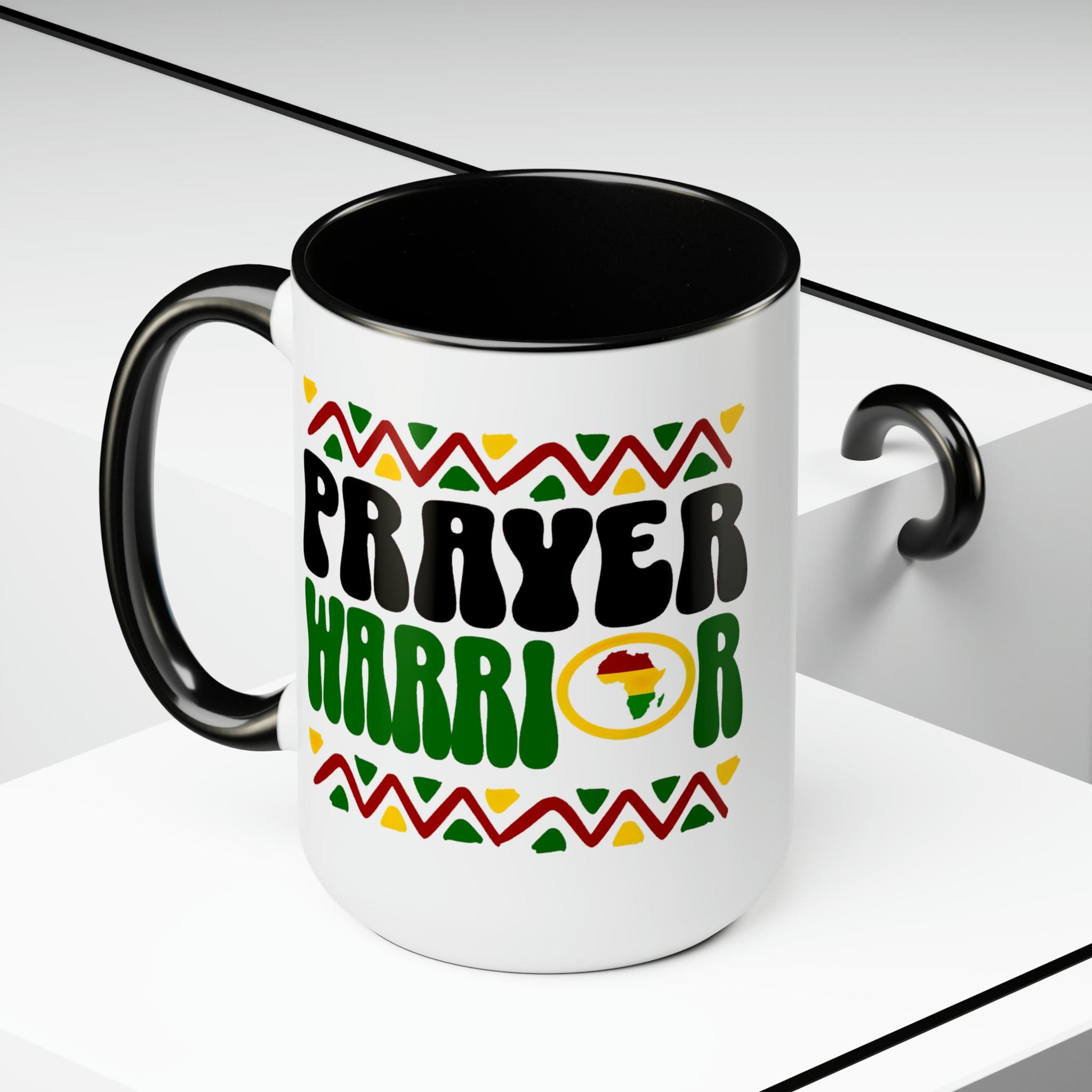 Prayer Warrior Accent Ceramic Coffee Mug with a black exterior and colored interior, showcasing a stylish design perfect for beverages.