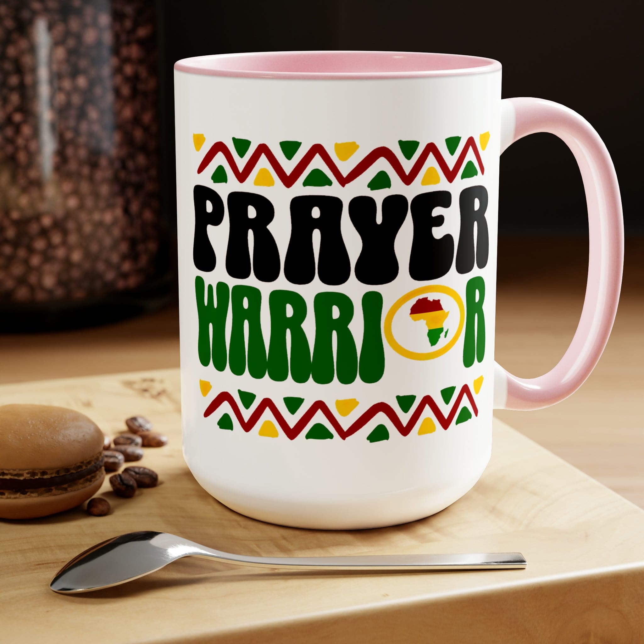 Prayer Warrior Accent Ceramic Coffee Mug with a black exterior and colored interior, showcasing a stylish design perfect for beverages.