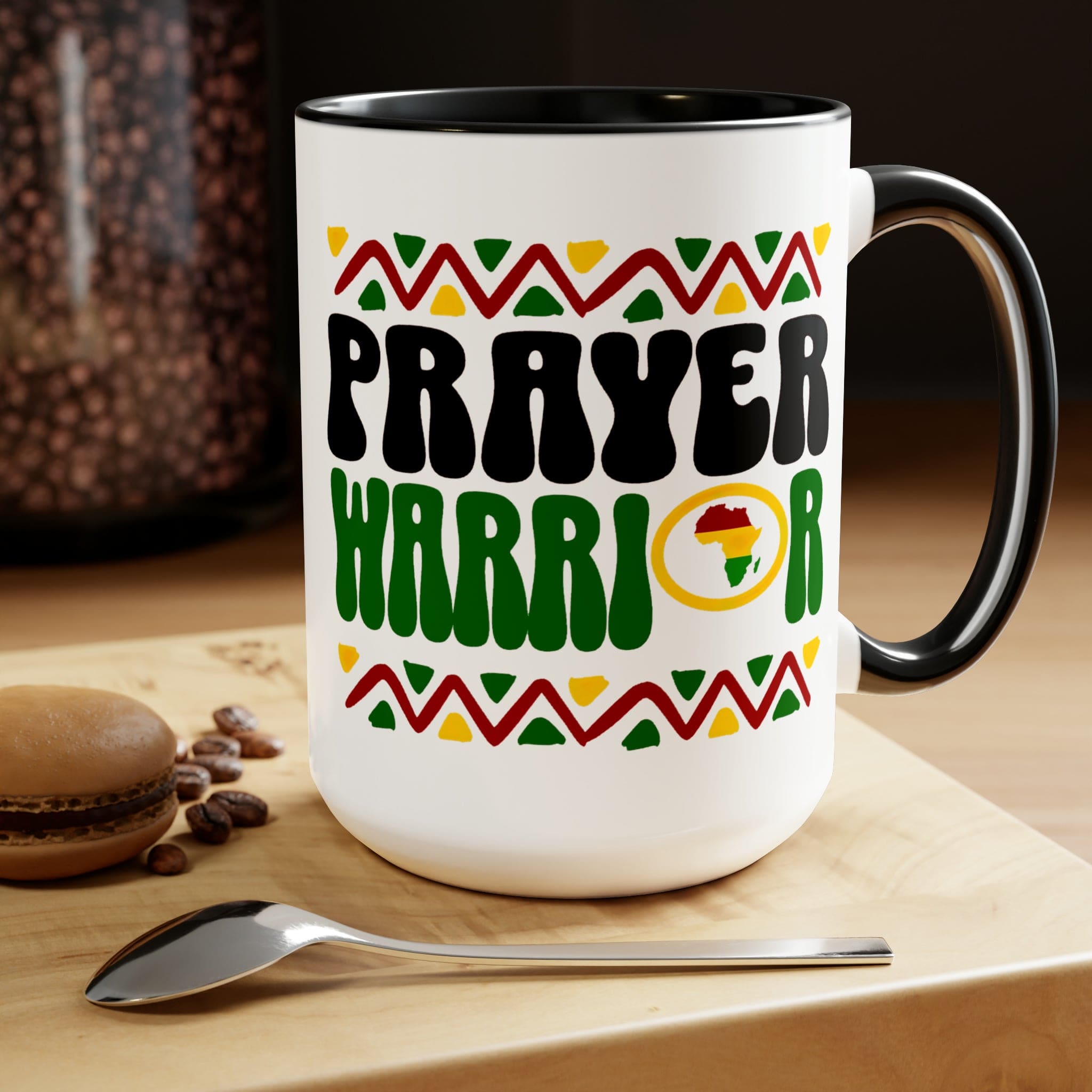 Prayer Warrior Accent Ceramic Coffee Mug with a black exterior and colored interior, showcasing a stylish design perfect for beverages.