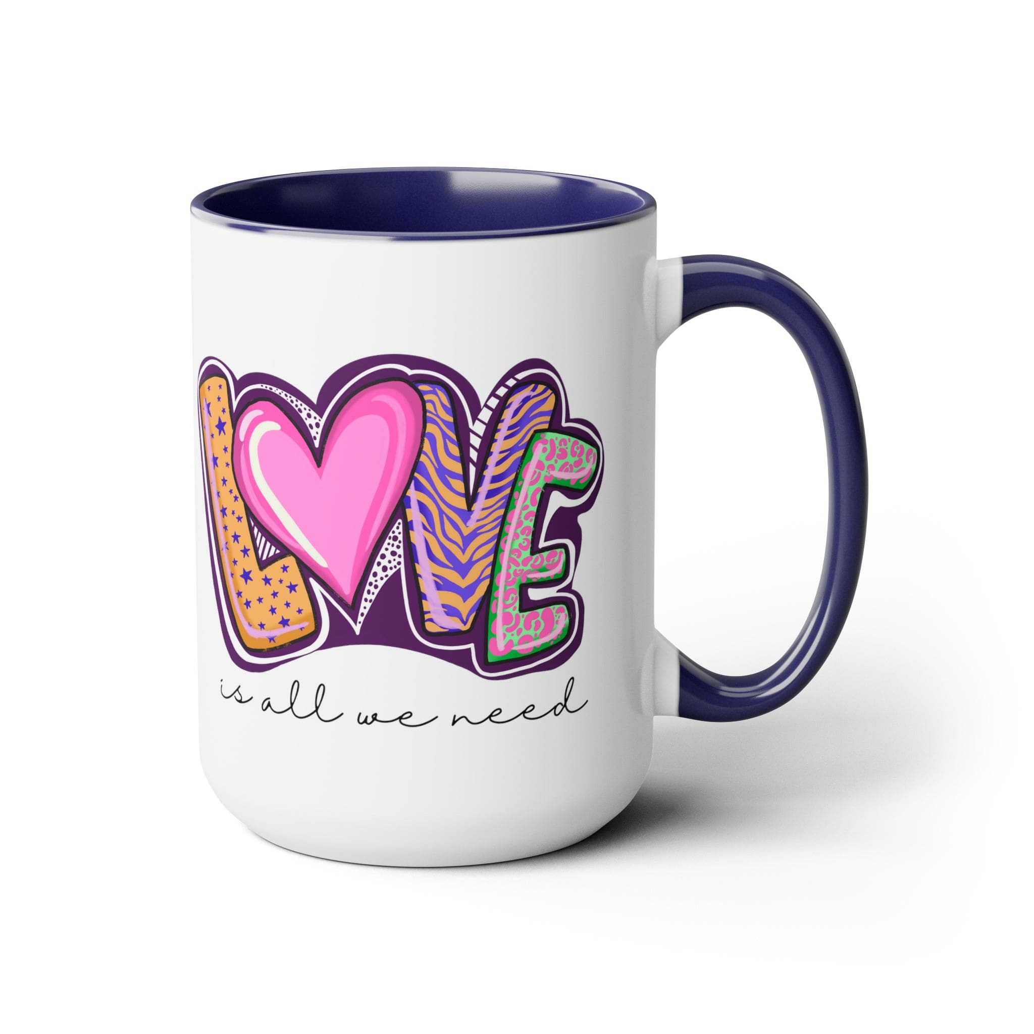 Accent Ceramic Coffee Mug 15oz with a white exterior and colorful interior, featuring the phrase 'Love is All we Need' on the side.