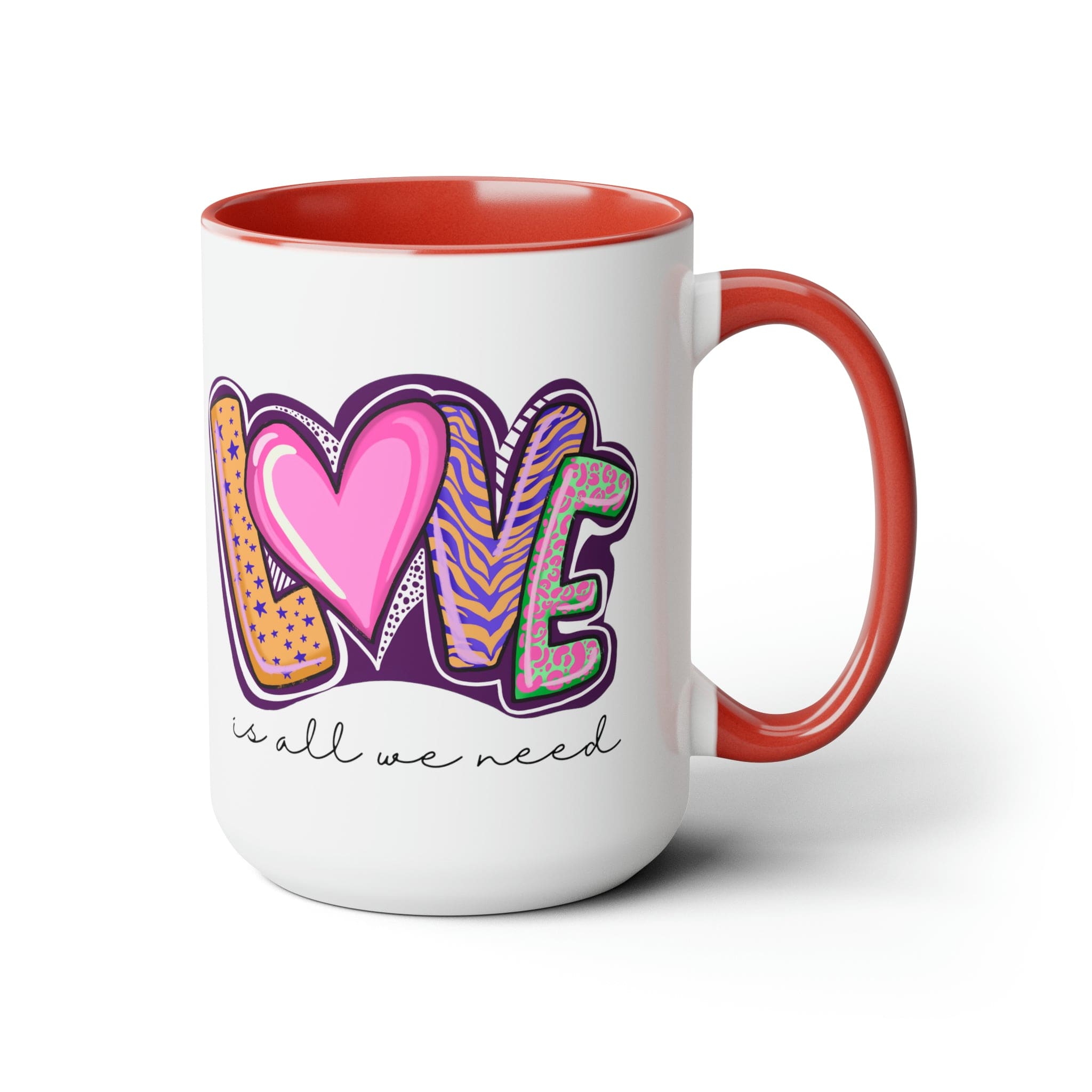 Accent Ceramic Coffee Mug 15oz with a white exterior and colorful interior, featuring the phrase 'Love is All we Need' on the side.