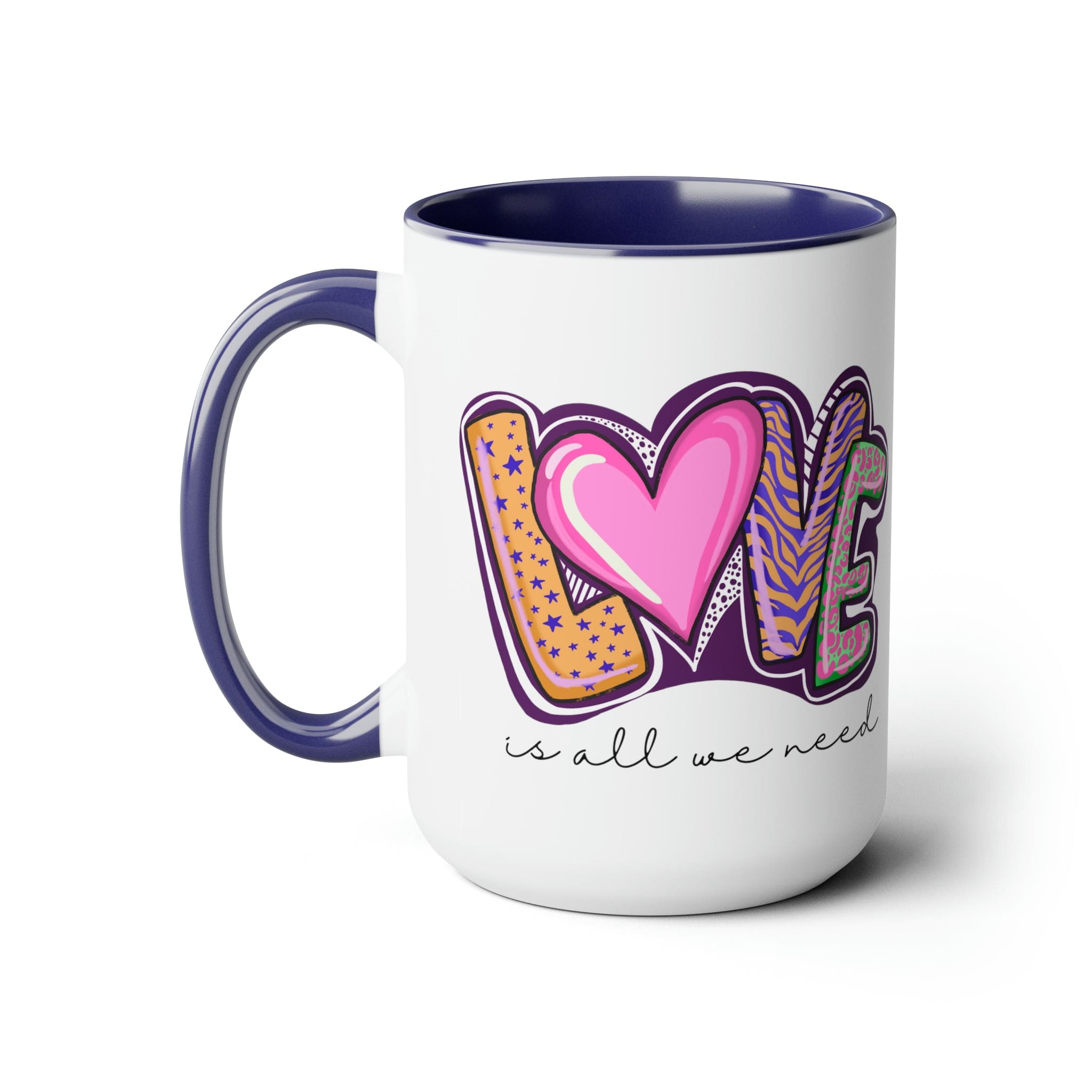 Accent Ceramic Coffee Mug 15oz with a white exterior and colorful interior, featuring the phrase 'Love is All we Need' on the side.