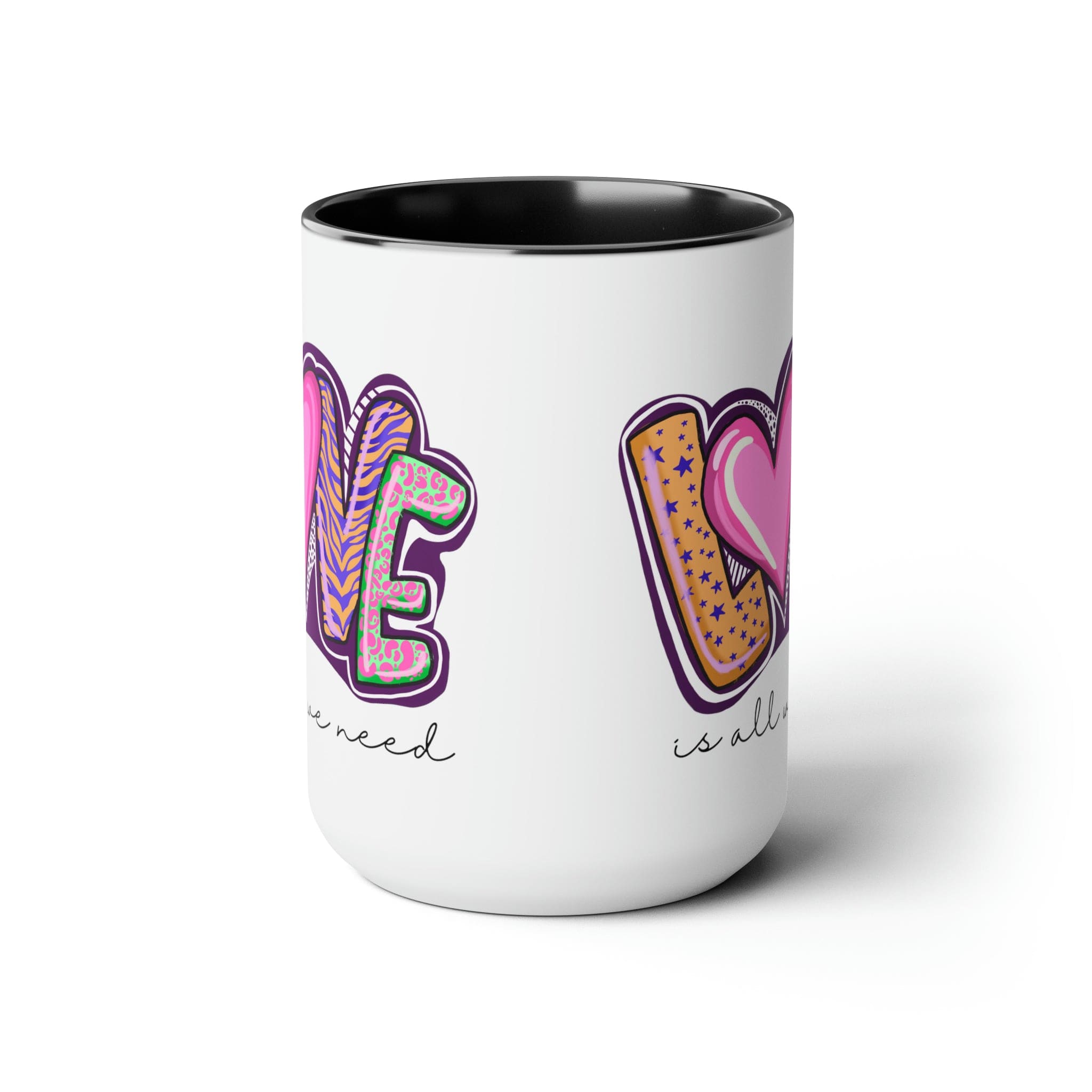 Accent Ceramic Coffee Mug 15oz with a white exterior and colorful interior, featuring the phrase 'Love is All we Need' on the side.