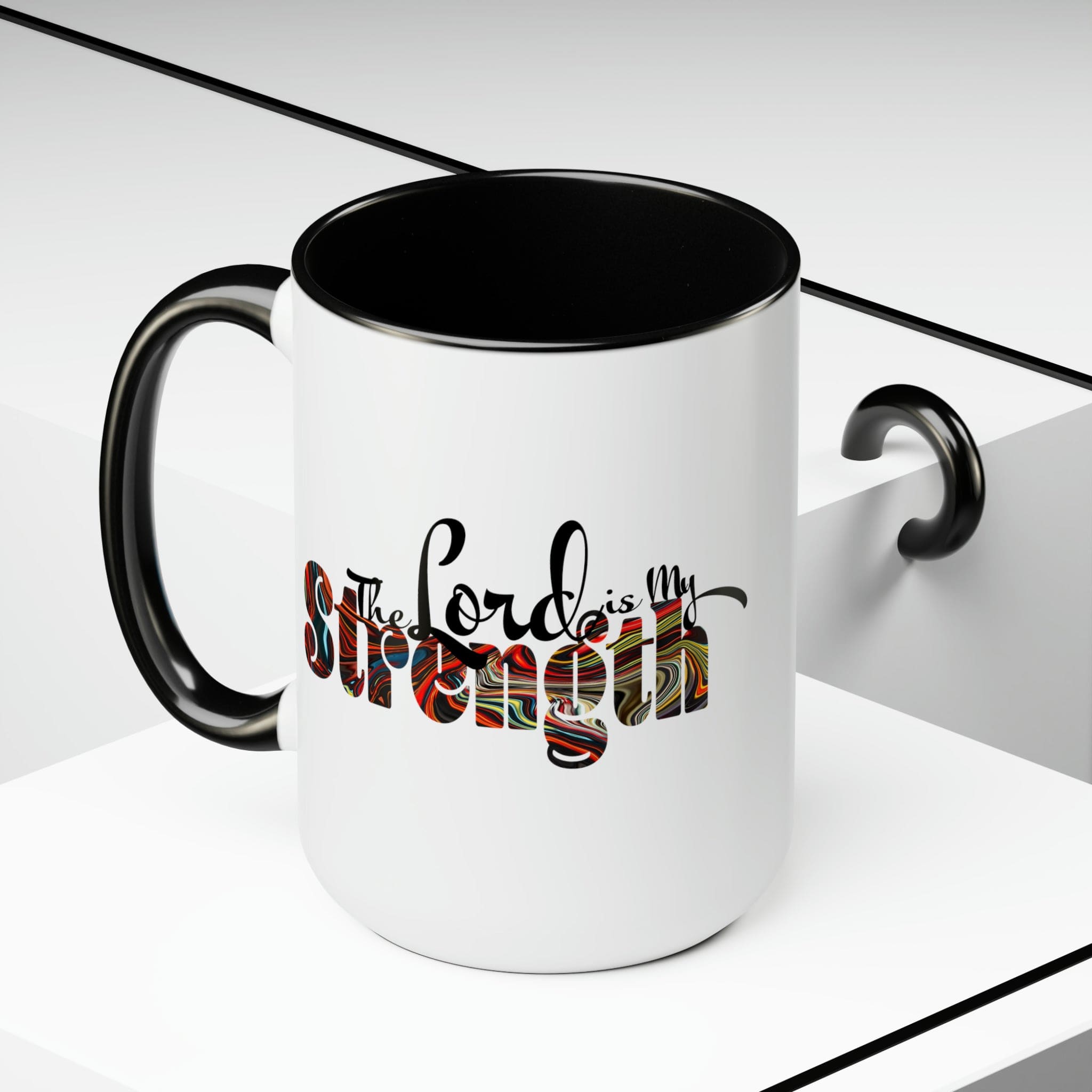 Accent Ceramic Coffee Mug 15oz featuring a multicolor design with the text 'The Lord is my Strength', ideal for hot and cold beverages.