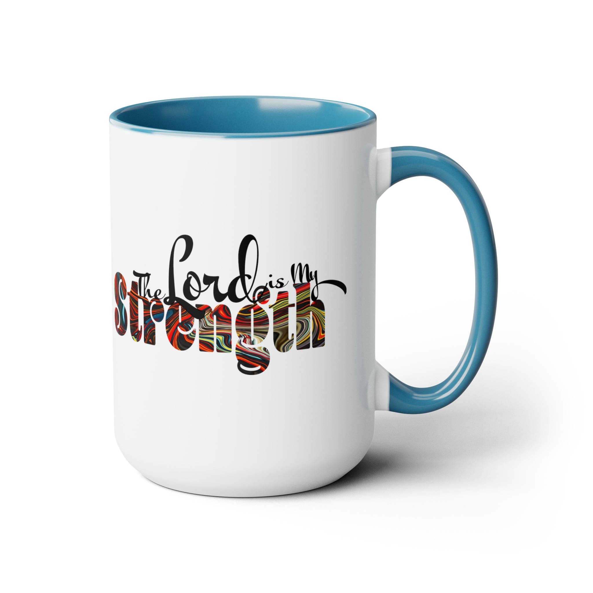 Accent Ceramic Coffee Mug 15oz featuring a multicolor design with the text 'The Lord is my Strength', ideal for hot and cold beverages.