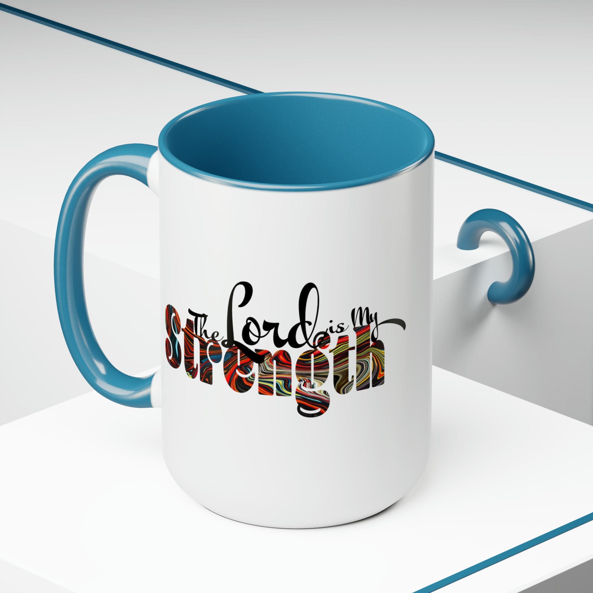 Accent Ceramic Coffee Mug 15oz featuring a multicolor design with the text 'The Lord is my Strength', ideal for hot and cold beverages.