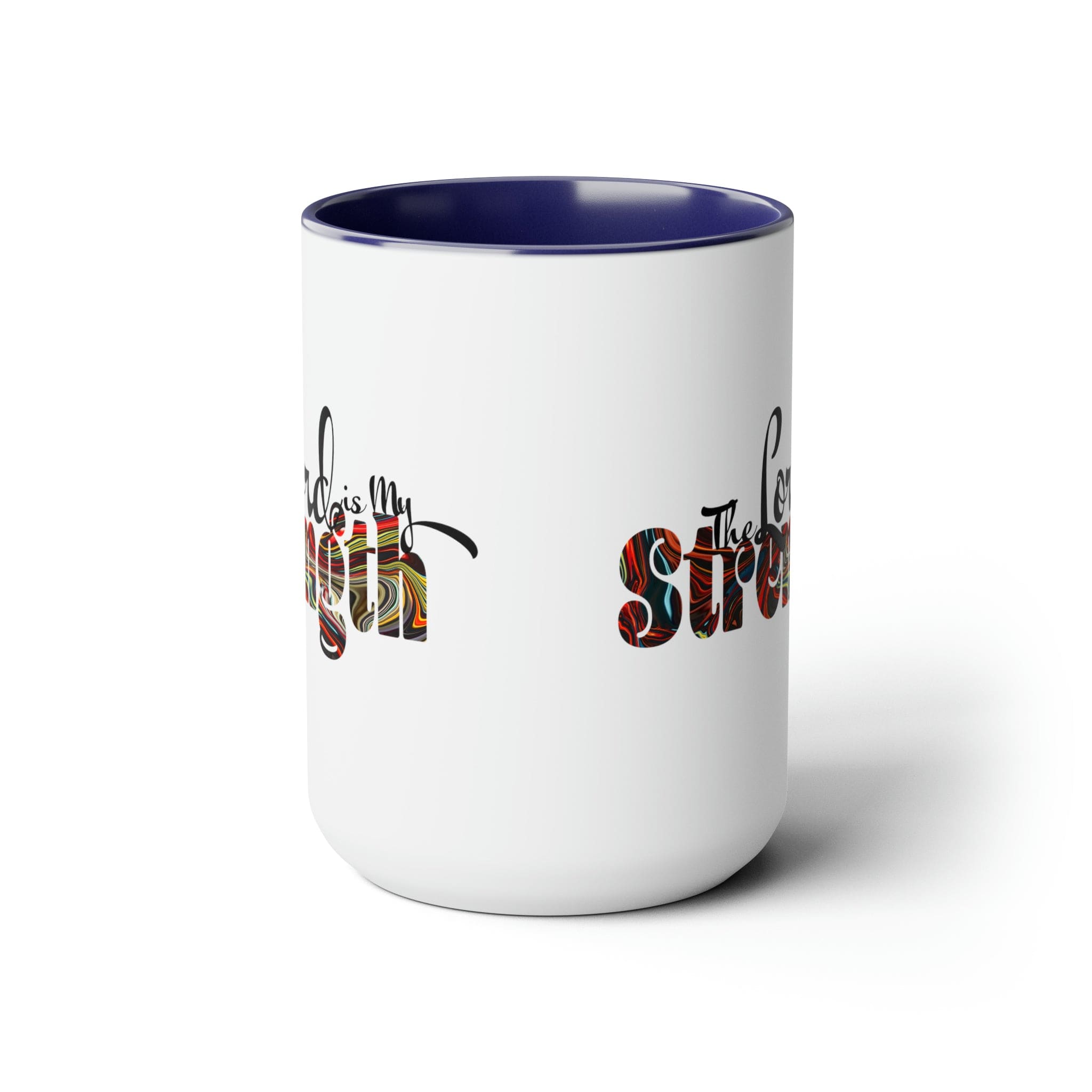 Accent Ceramic Coffee Mug 15oz featuring a multicolor design with the text 'The Lord is my Strength', ideal for hot and cold beverages.