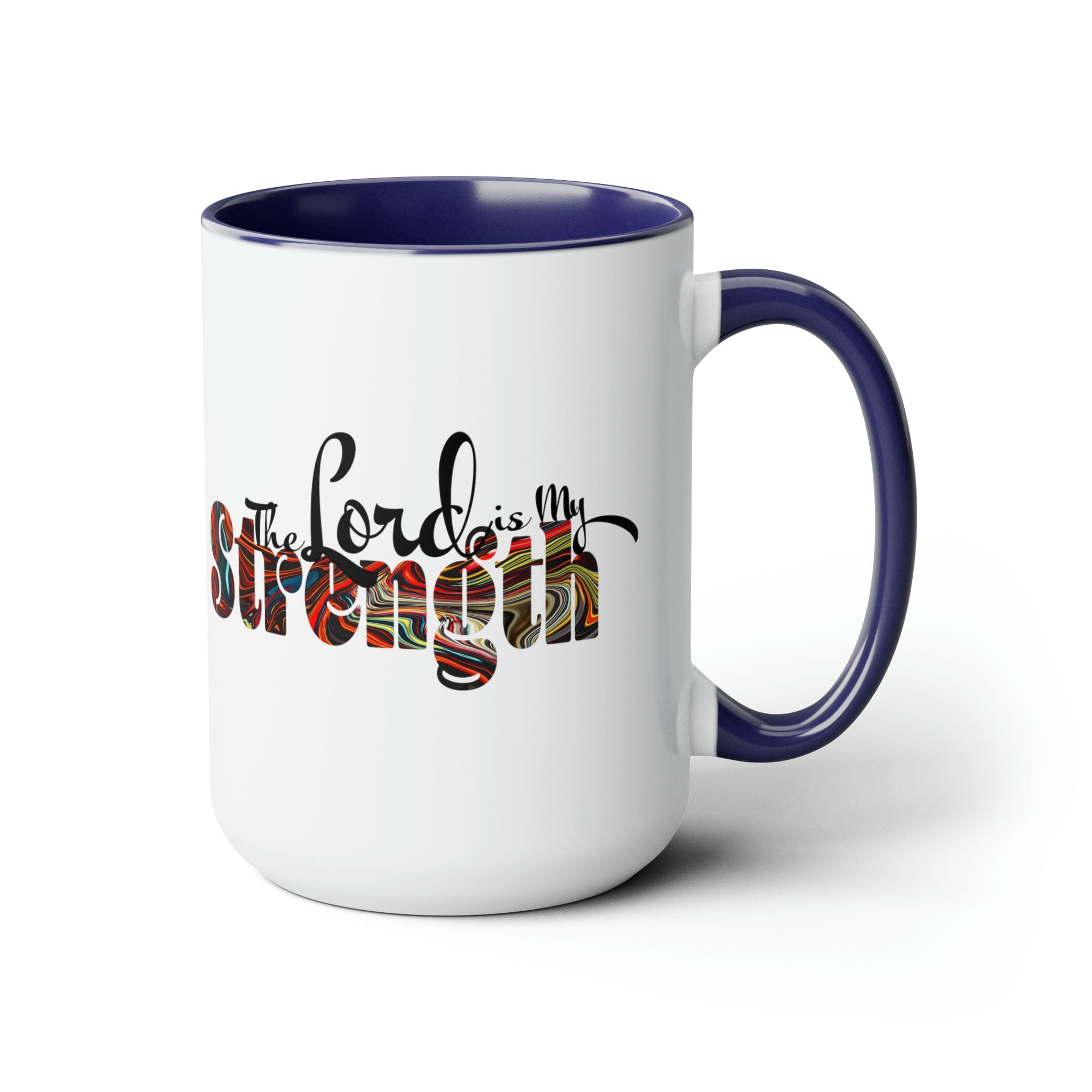 Accent Ceramic Coffee Mug 15oz featuring a multicolor design with the text 'The Lord is my Strength', ideal for hot and cold beverages.