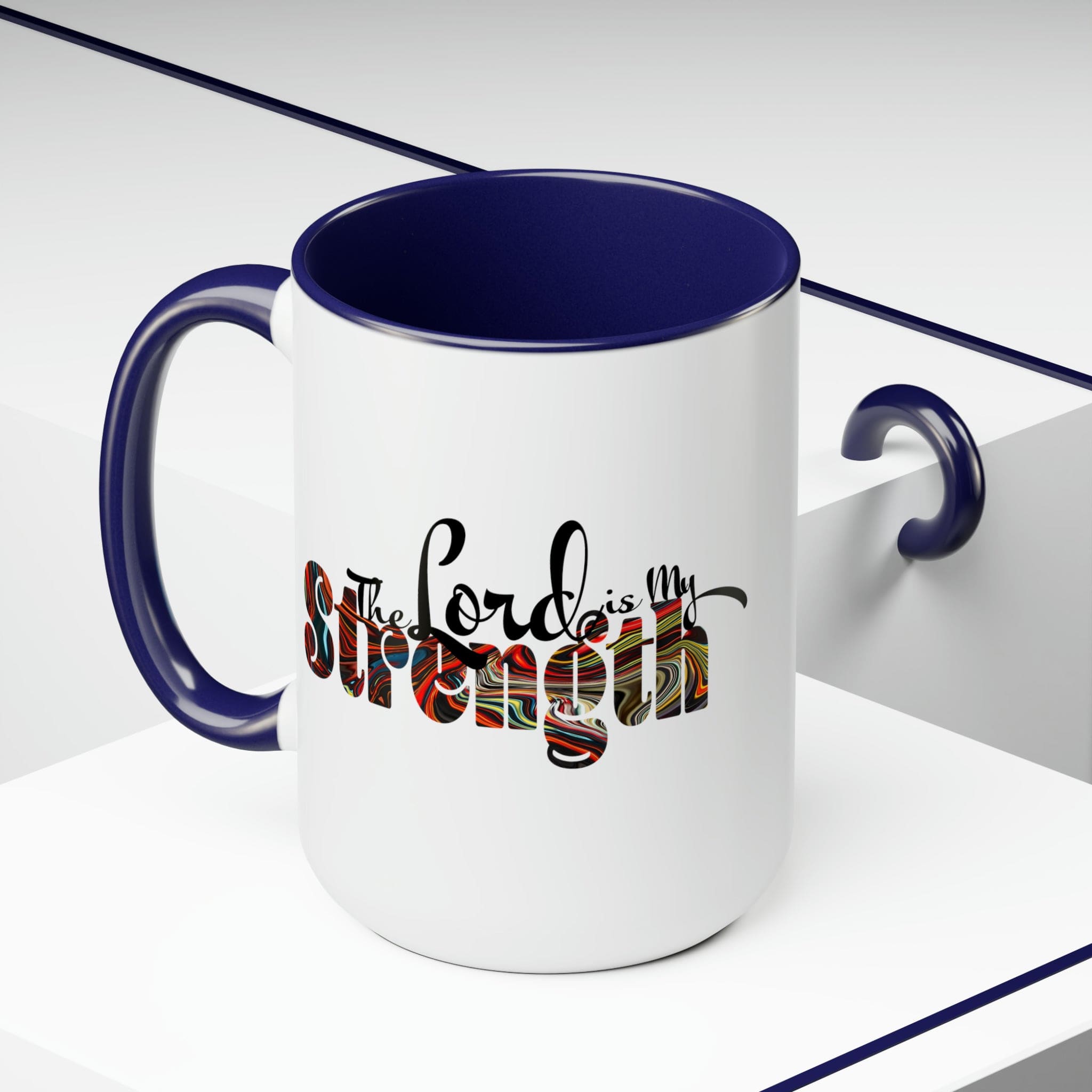 Accent Ceramic Coffee Mug 15oz featuring a multicolor design with the text 'The Lord is my Strength', ideal for hot and cold beverages.