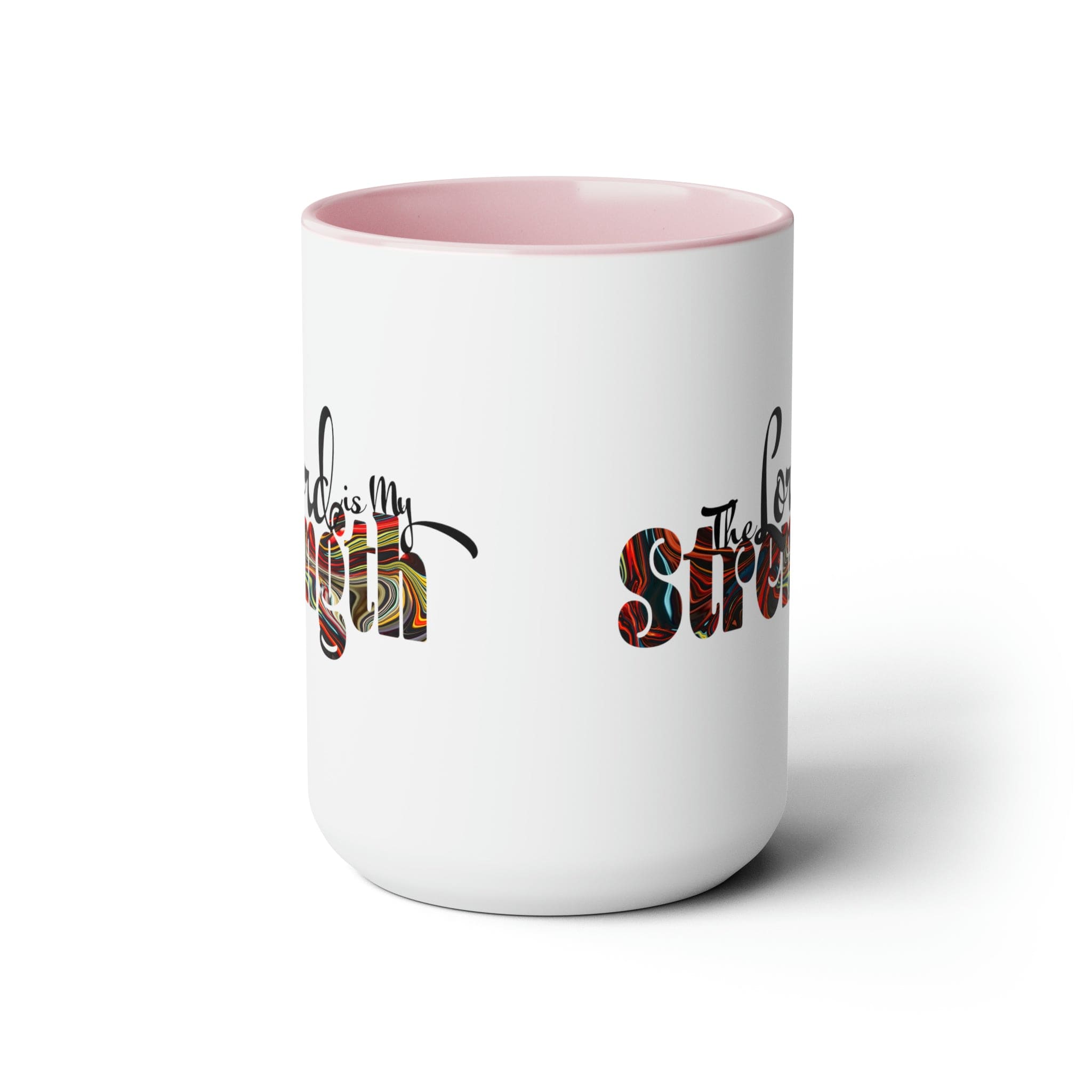 Accent Ceramic Coffee Mug 15oz featuring a multicolor design with the text 'The Lord is my Strength', ideal for hot and cold beverages.