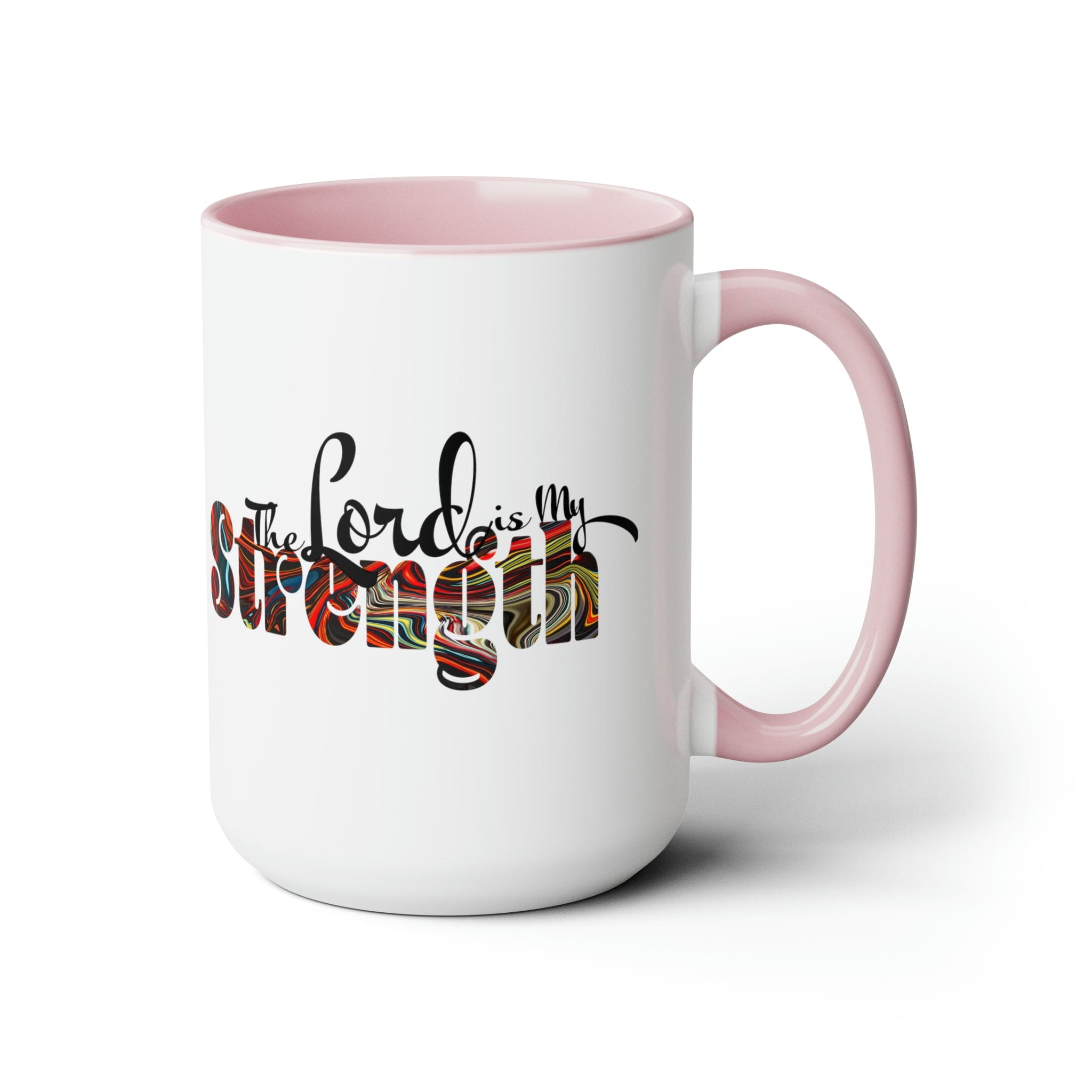 Accent Ceramic Coffee Mug 15oz featuring a multicolor design with the text 'The Lord is my Strength', ideal for hot and cold beverages.