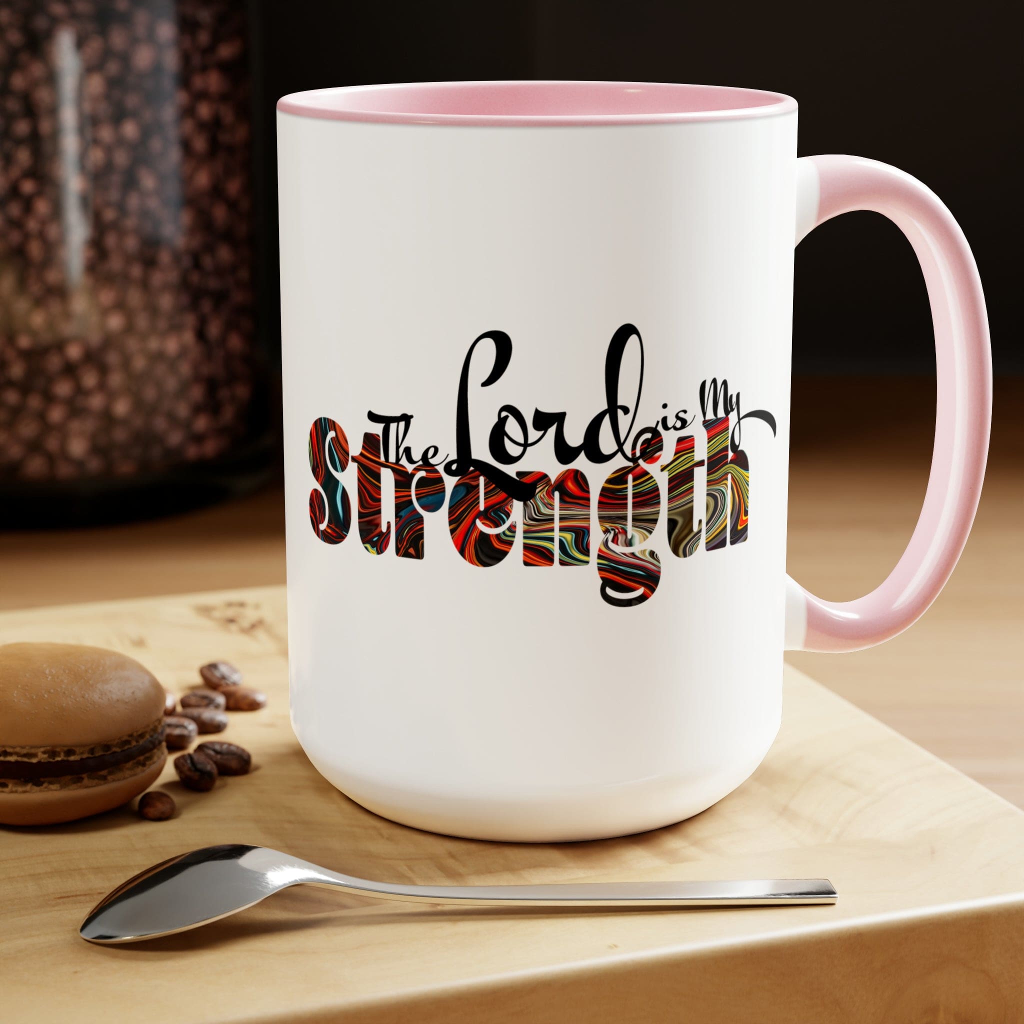 Accent Ceramic Coffee Mug 15oz featuring a multicolor design with the text 'The Lord is my Strength', ideal for hot and cold beverages.