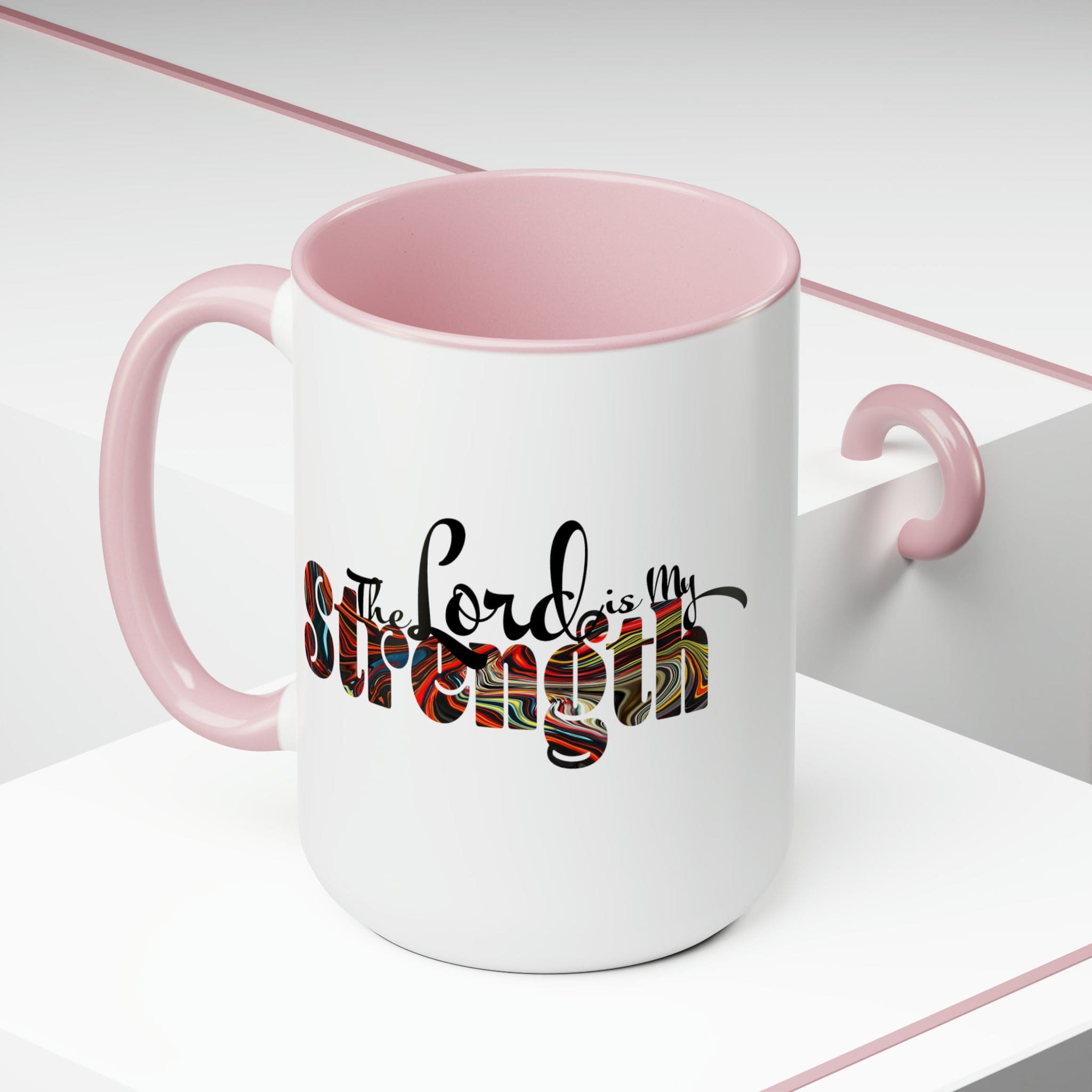 Accent Ceramic Coffee Mug 15oz featuring a multicolor design with the text 'The Lord is my Strength', ideal for hot and cold beverages.