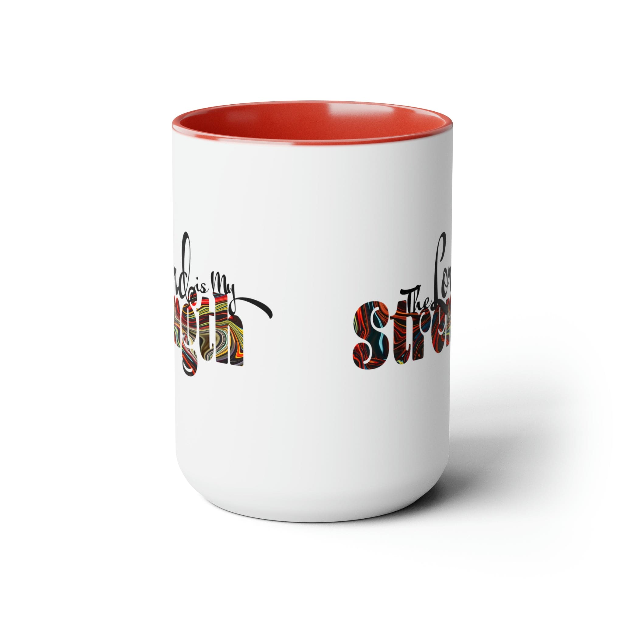 Accent Ceramic Coffee Mug 15oz featuring a multicolor design with the text 'The Lord is my Strength', ideal for hot and cold beverages.