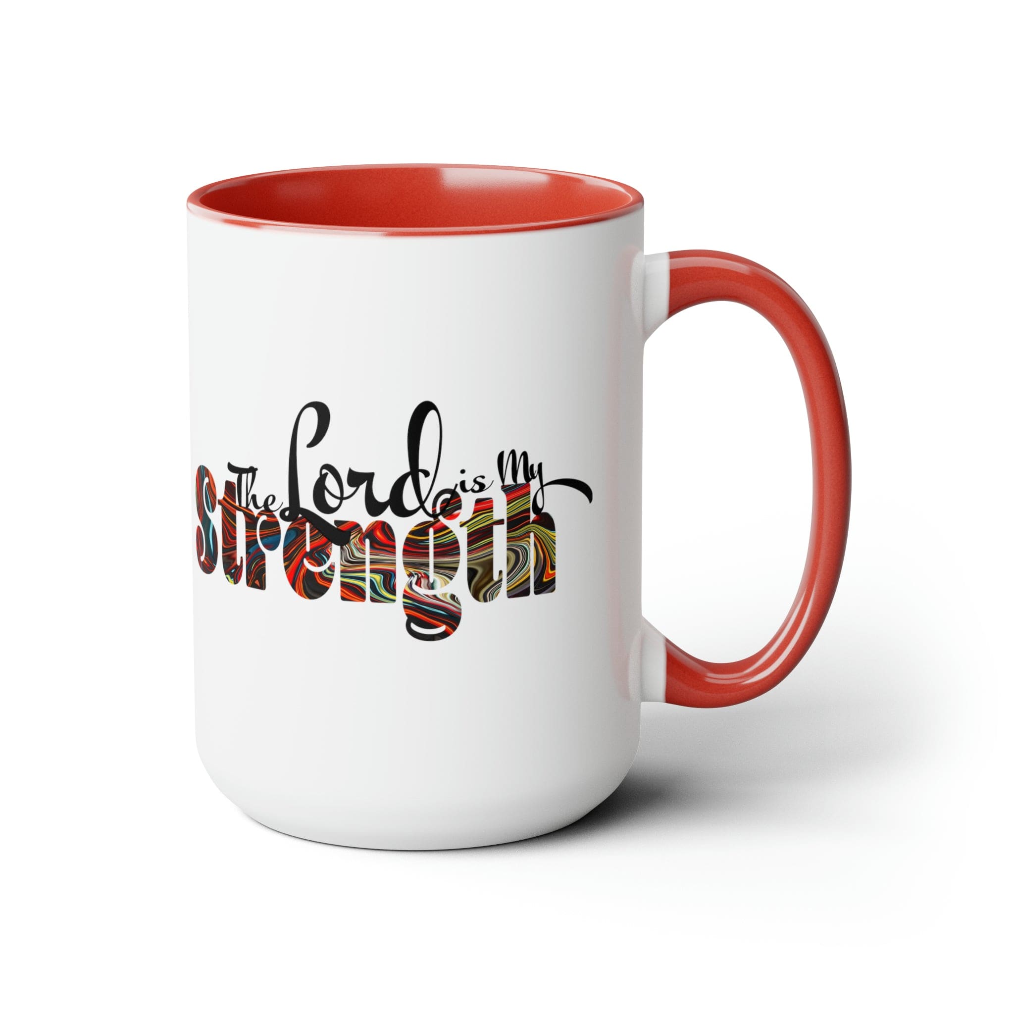 Accent Ceramic Coffee Mug 15oz featuring a multicolor design with the text 'The Lord is my Strength', ideal for hot and cold beverages.