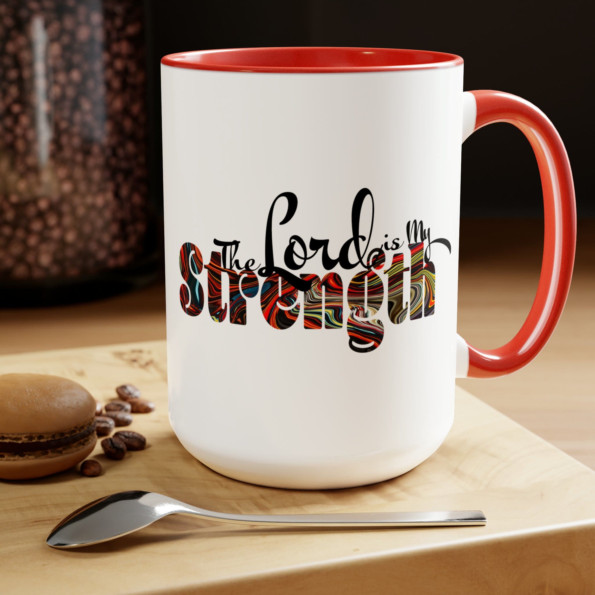 Accent Ceramic Coffee Mug 15oz featuring a multicolor design with the text 'The Lord is my Strength', ideal for hot and cold beverages.