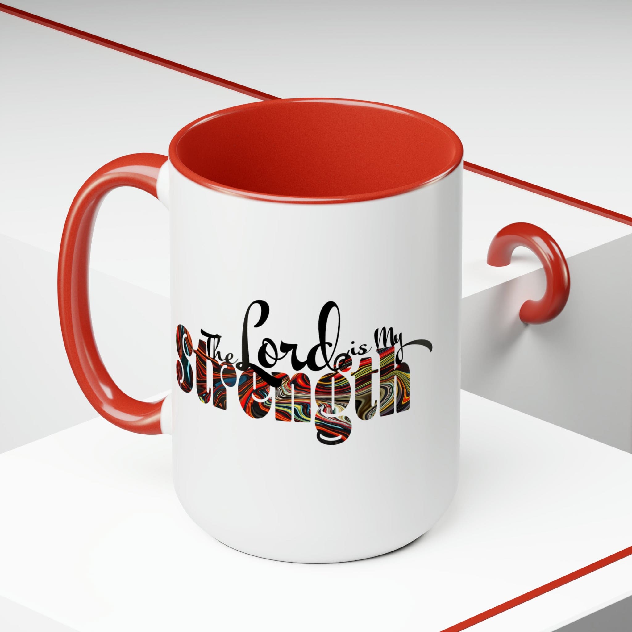 Accent Ceramic Coffee Mug 15oz featuring a multicolor design with the text 'The Lord is my Strength', ideal for hot and cold beverages.