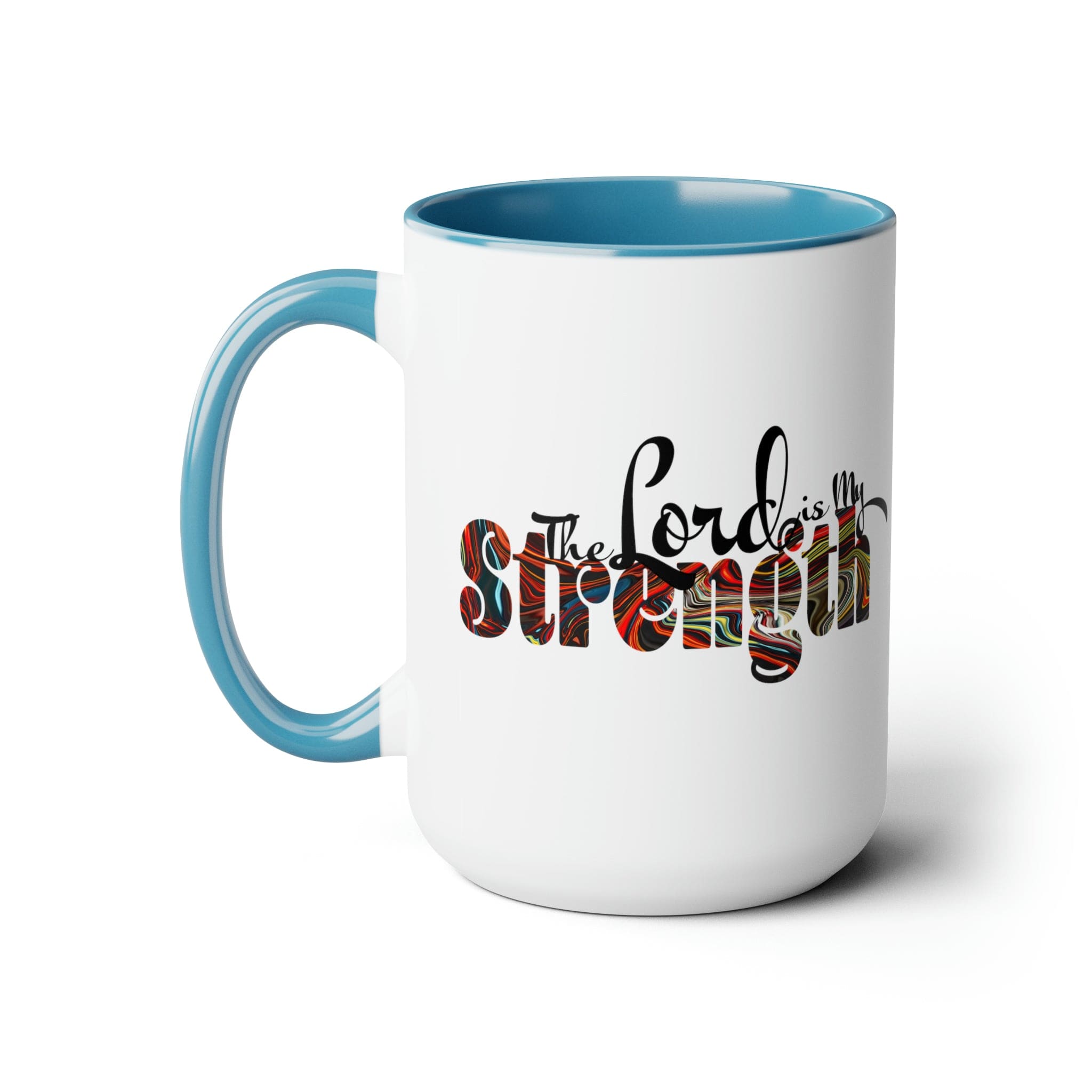 Accent Ceramic Coffee Mug 15oz featuring a multicolor design with the text 'The Lord is my Strength', ideal for hot and cold beverages.