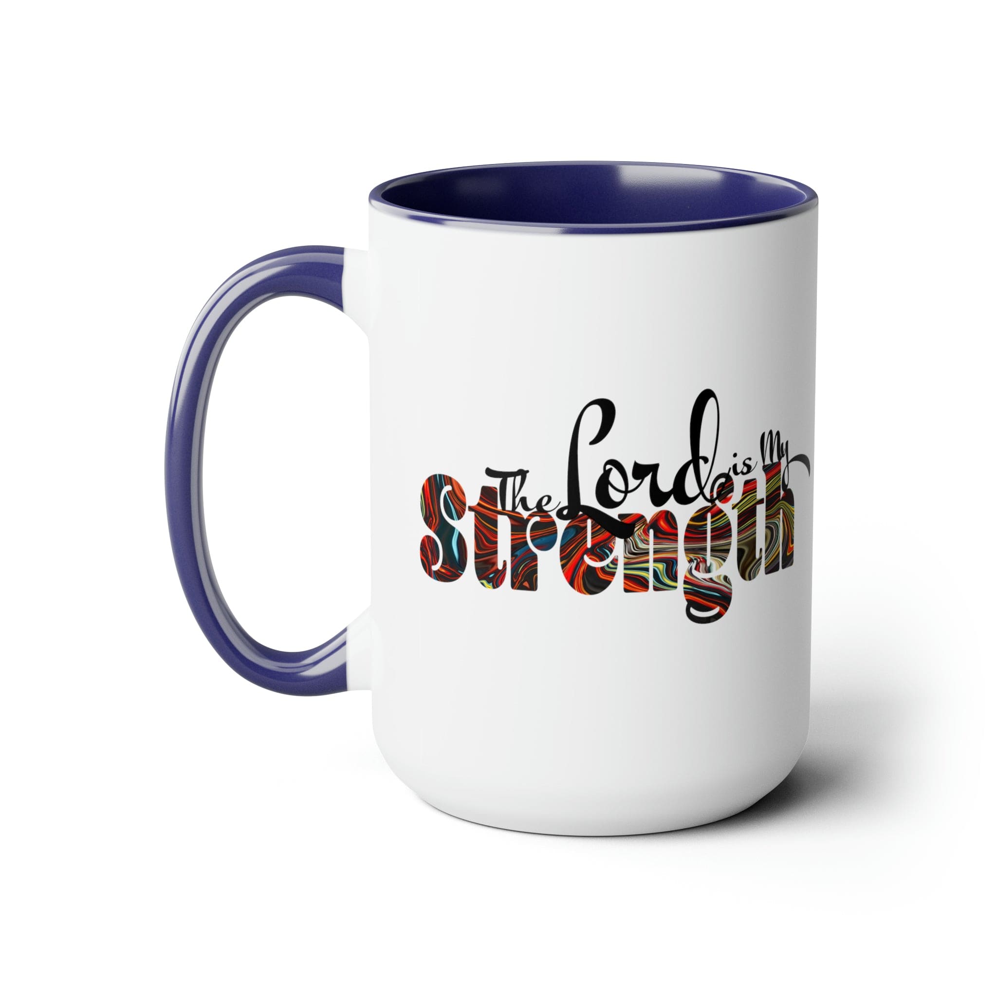 Accent Ceramic Coffee Mug 15oz featuring a multicolor design with the text 'The Lord is my Strength', ideal for hot and cold beverages.