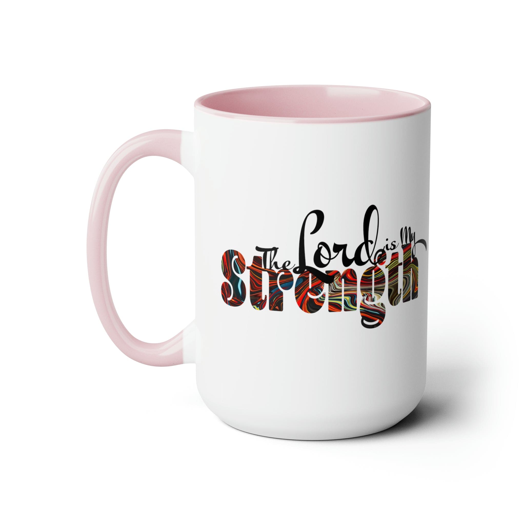 Accent Ceramic Coffee Mug 15oz featuring a multicolor design with the text 'The Lord is my Strength', ideal for hot and cold beverages.