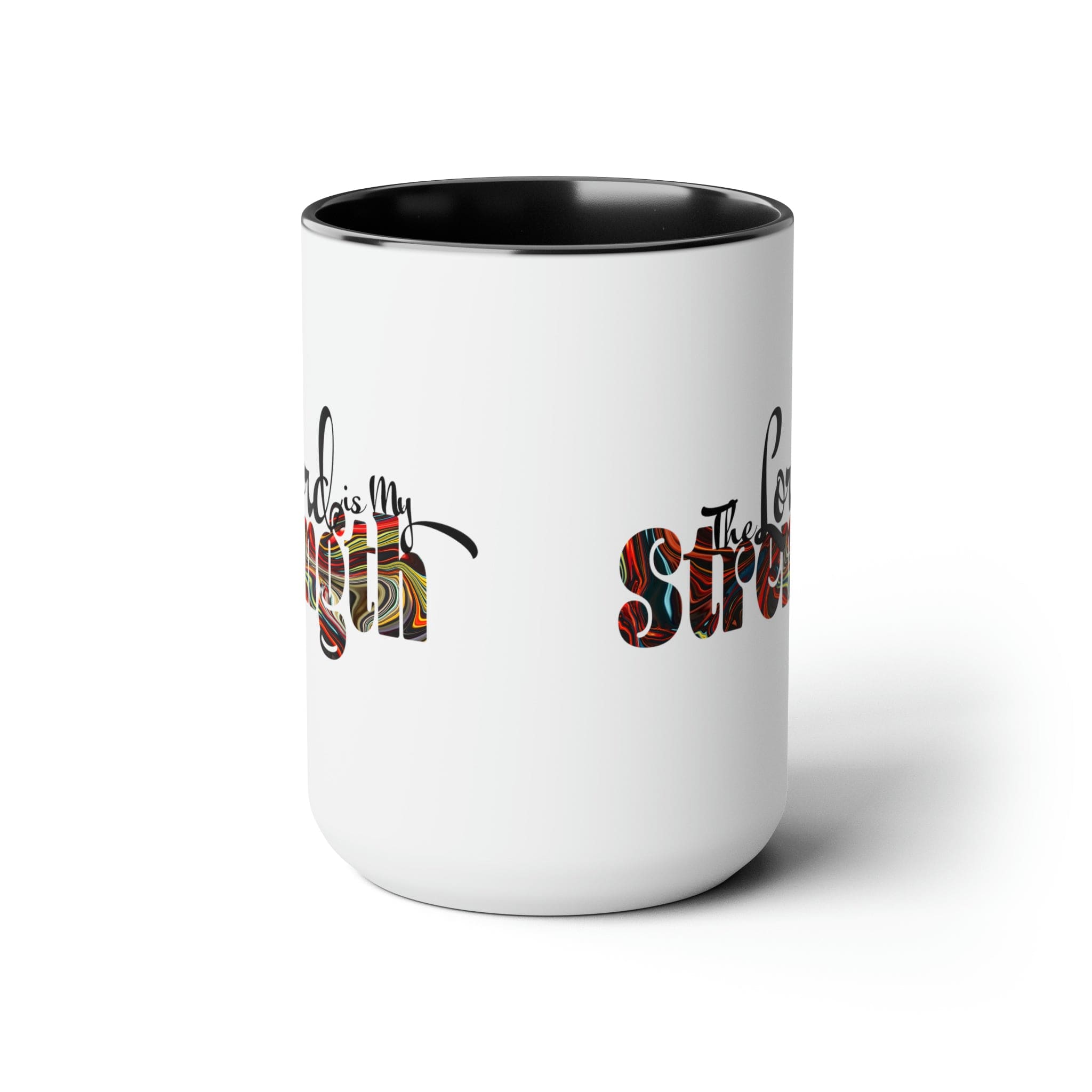 Accent Ceramic Coffee Mug 15oz featuring a multicolor design with the text 'The Lord is my Strength', ideal for hot and cold beverages.