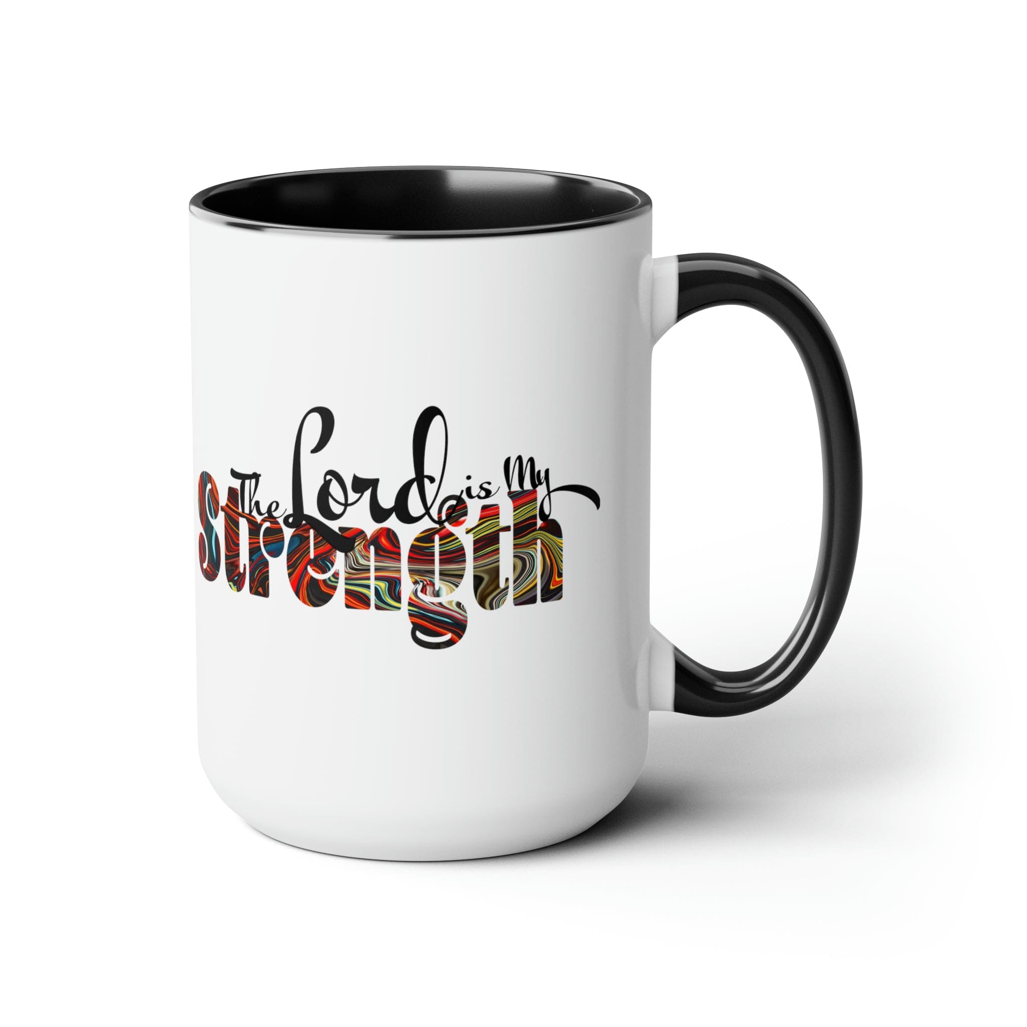 Accent Ceramic Coffee Mug 15oz featuring a multicolor design with the text 'The Lord is my Strength', ideal for hot and cold beverages.