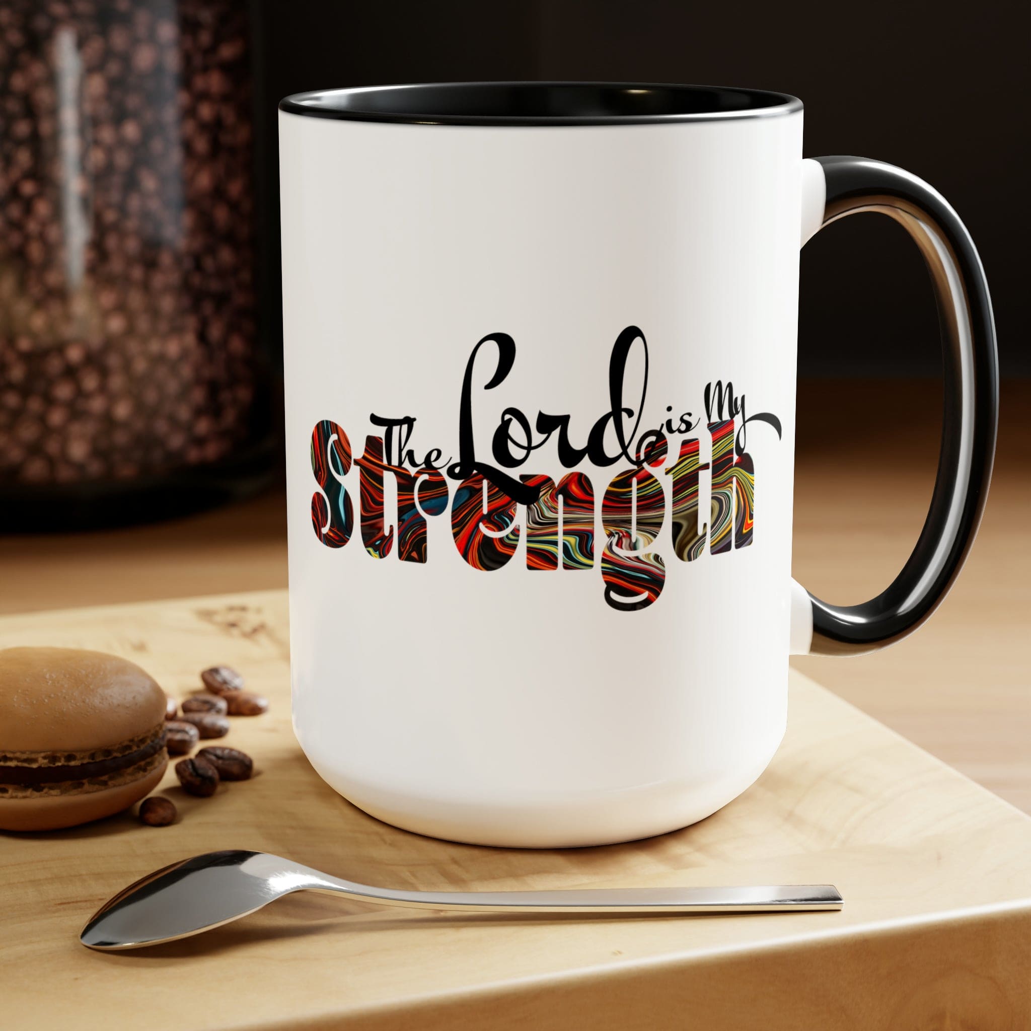 Accent Ceramic Coffee Mug 15oz featuring a multicolor design with the text 'The Lord is my Strength', ideal for hot and cold beverages.