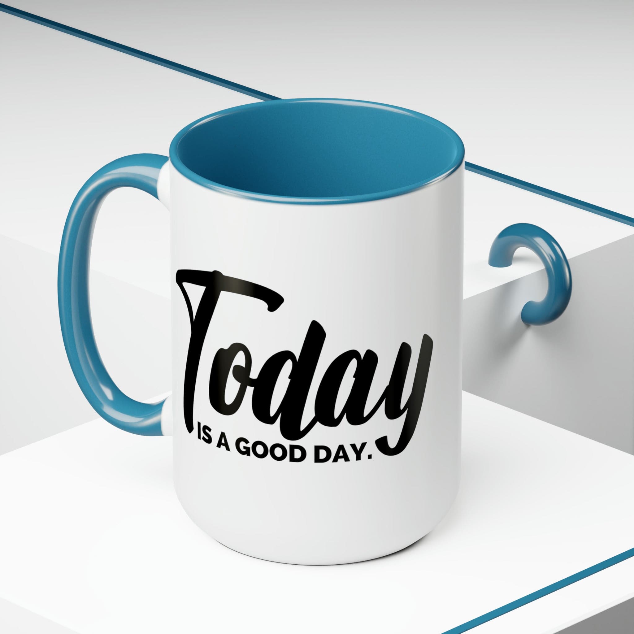 Accent Ceramic Coffee Mug with 'Today is a Good Day' black illustration, featuring a white exterior and colored interior.