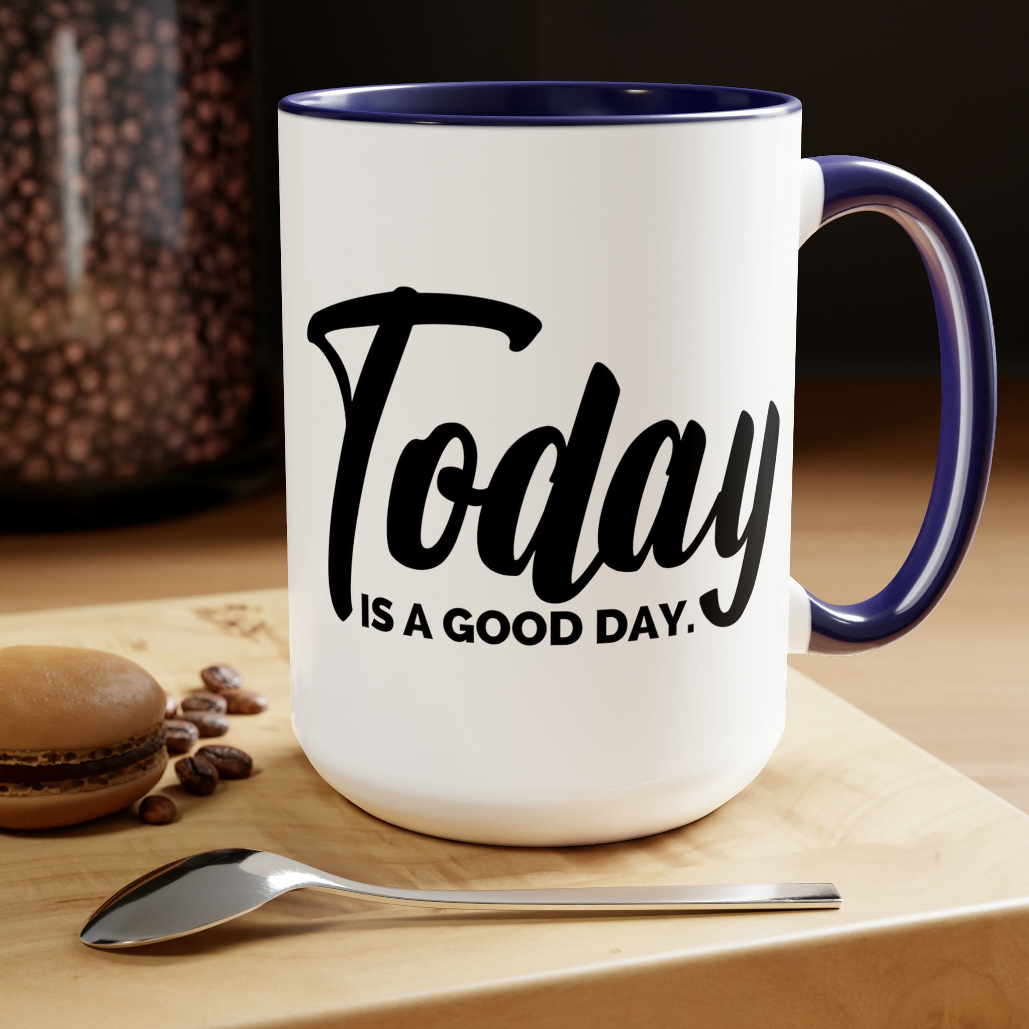 Accent Ceramic Coffee Mug with 'Today is a Good Day' black illustration, featuring a white exterior and colored interior.