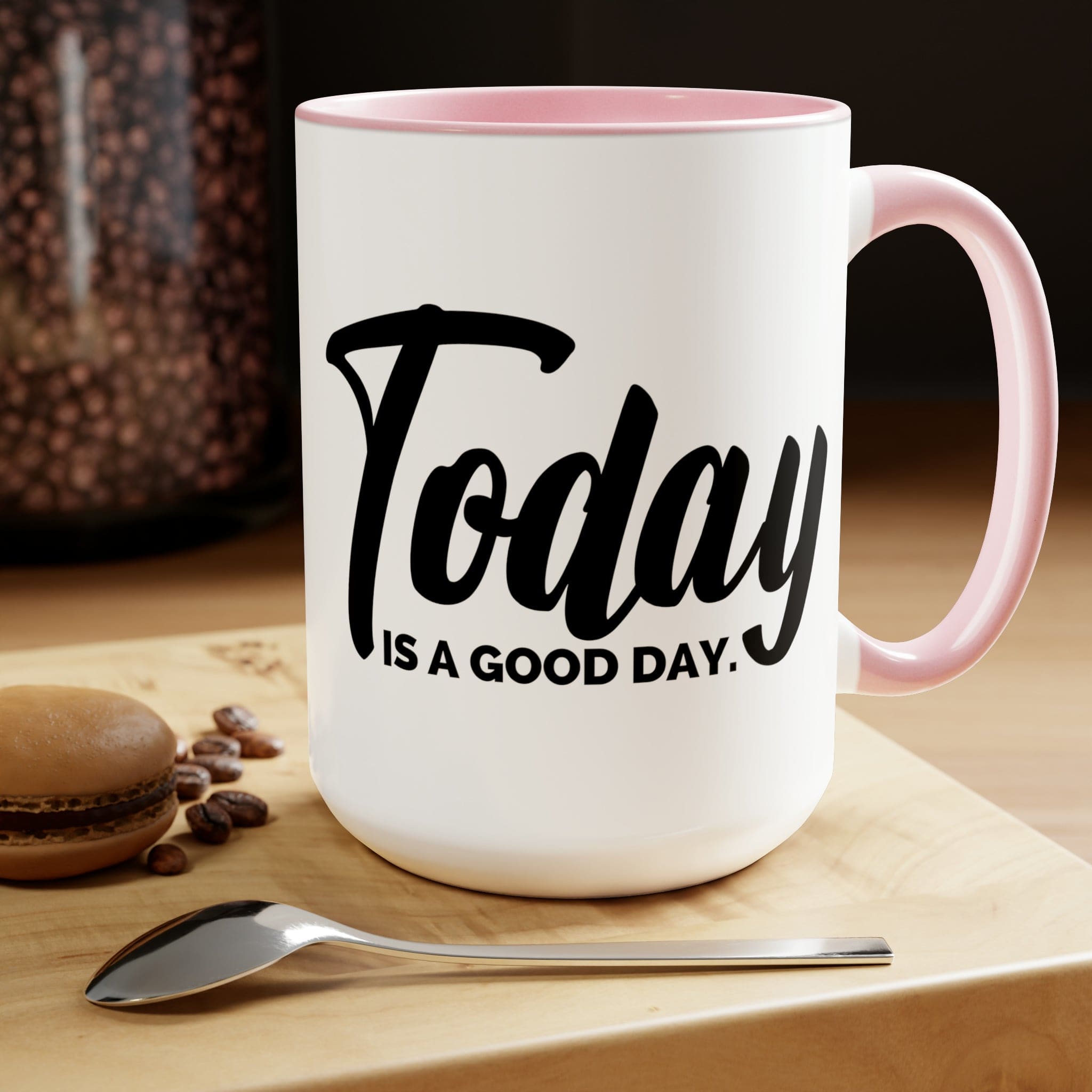 Accent Ceramic Coffee Mug with 'Today is a Good Day' black illustration, featuring a white exterior and colored interior.