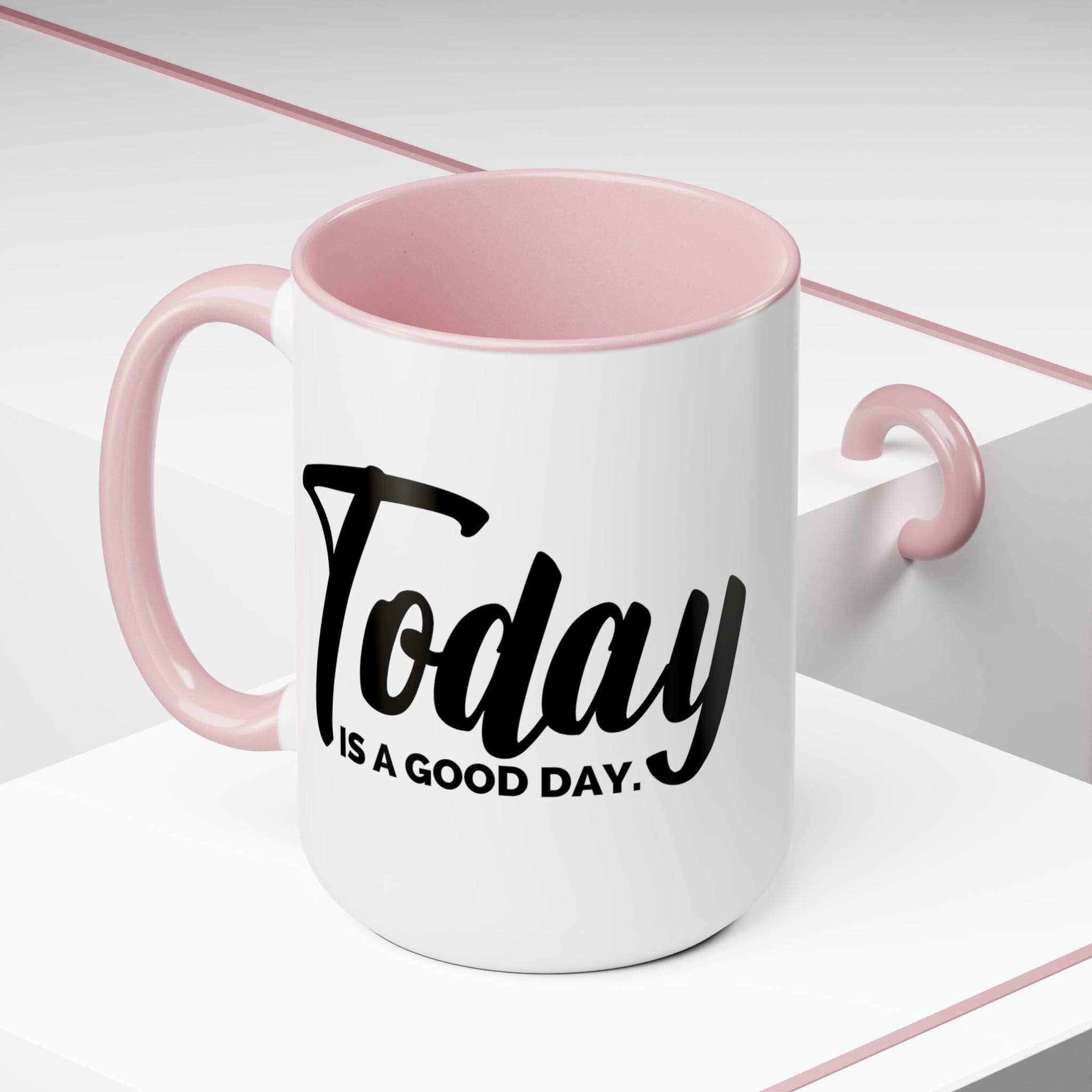 Accent Ceramic Coffee Mug with 'Today is a Good Day' black illustration, featuring a white exterior and colored interior.