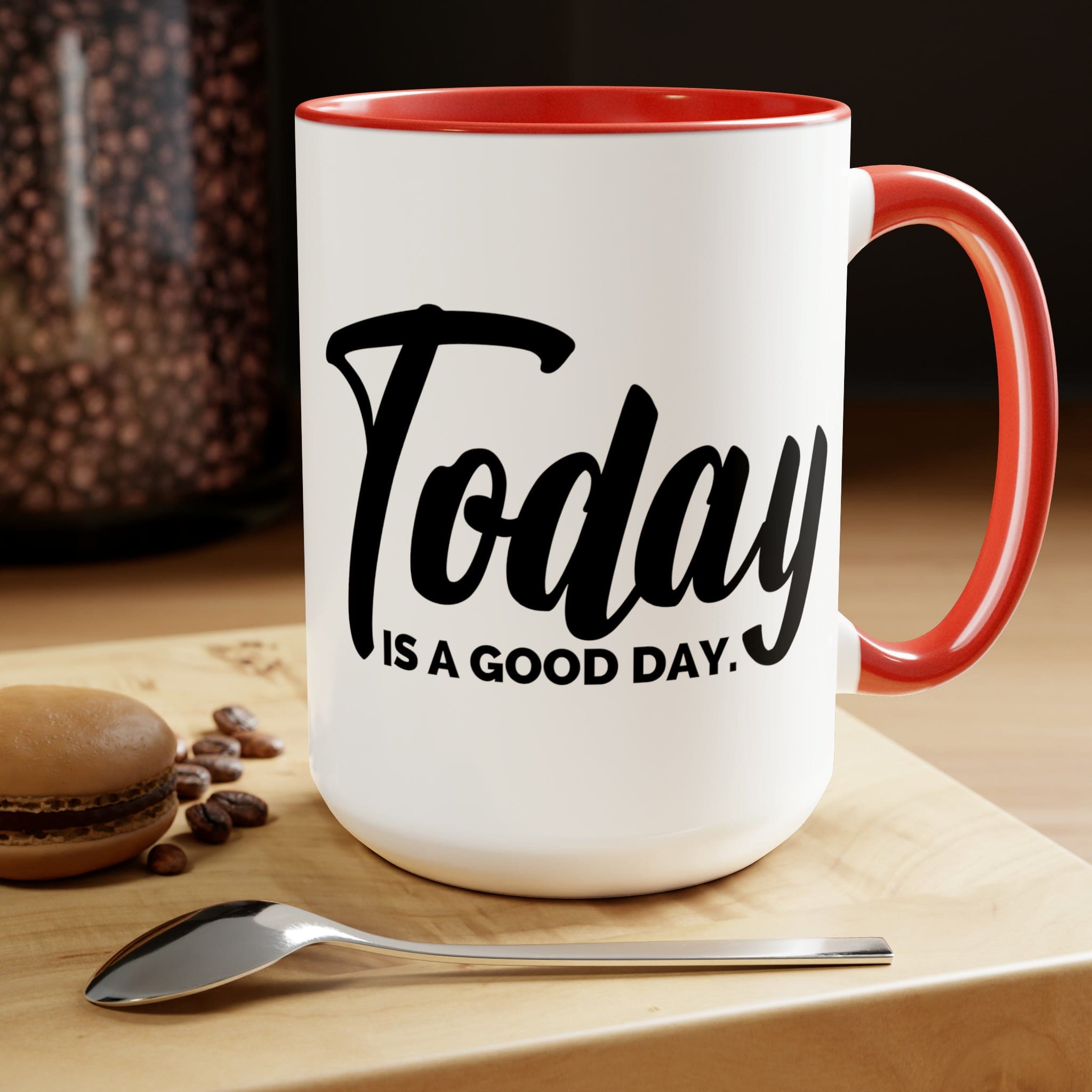 Accent Ceramic Coffee Mug with 'Today is a Good Day' black illustration, featuring a white exterior and colored interior.