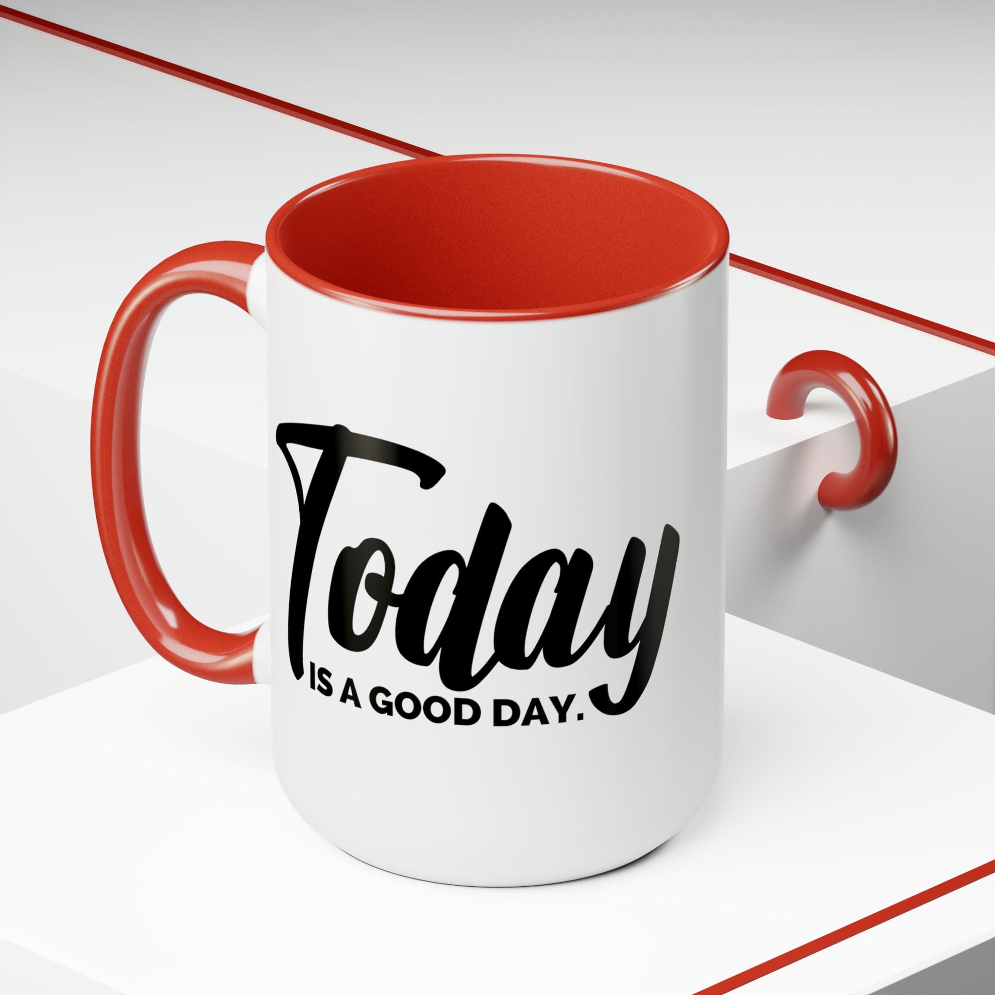 Accent Ceramic Coffee Mug with 'Today is a Good Day' black illustration, featuring a white exterior and colored interior.