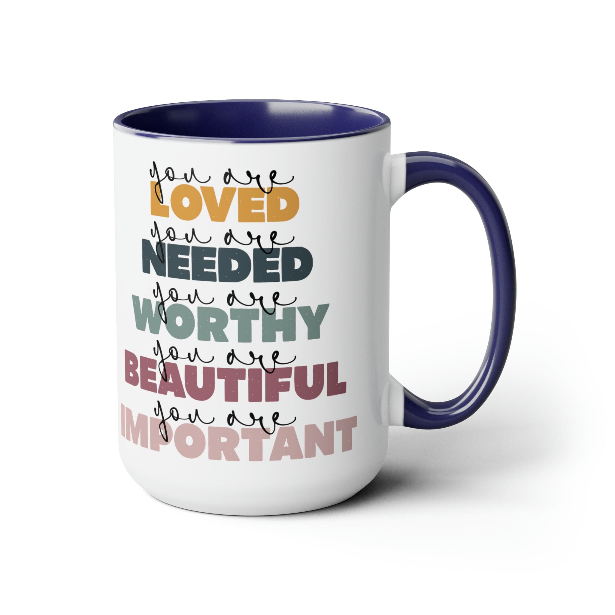 You Are Loved Ceramic Coffee Mug with a white exterior and colored interior, featuring a C-handle and inspirational message.