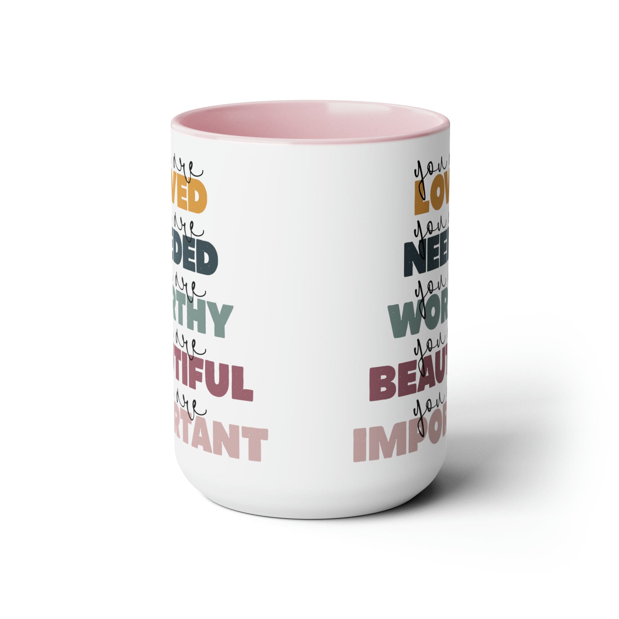 You Are Loved Ceramic Coffee Mug with a white exterior and colored interior, featuring a C-handle and inspirational message.