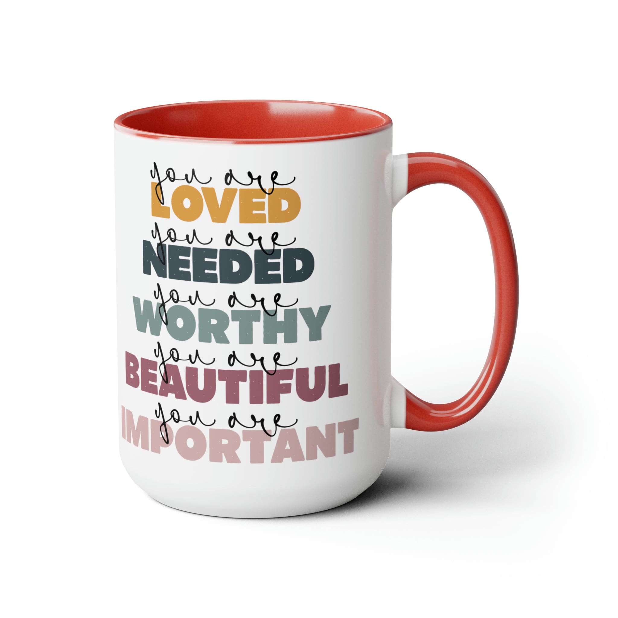 You Are Loved Ceramic Coffee Mug with a white exterior and colored interior, featuring a C-handle and inspirational message.