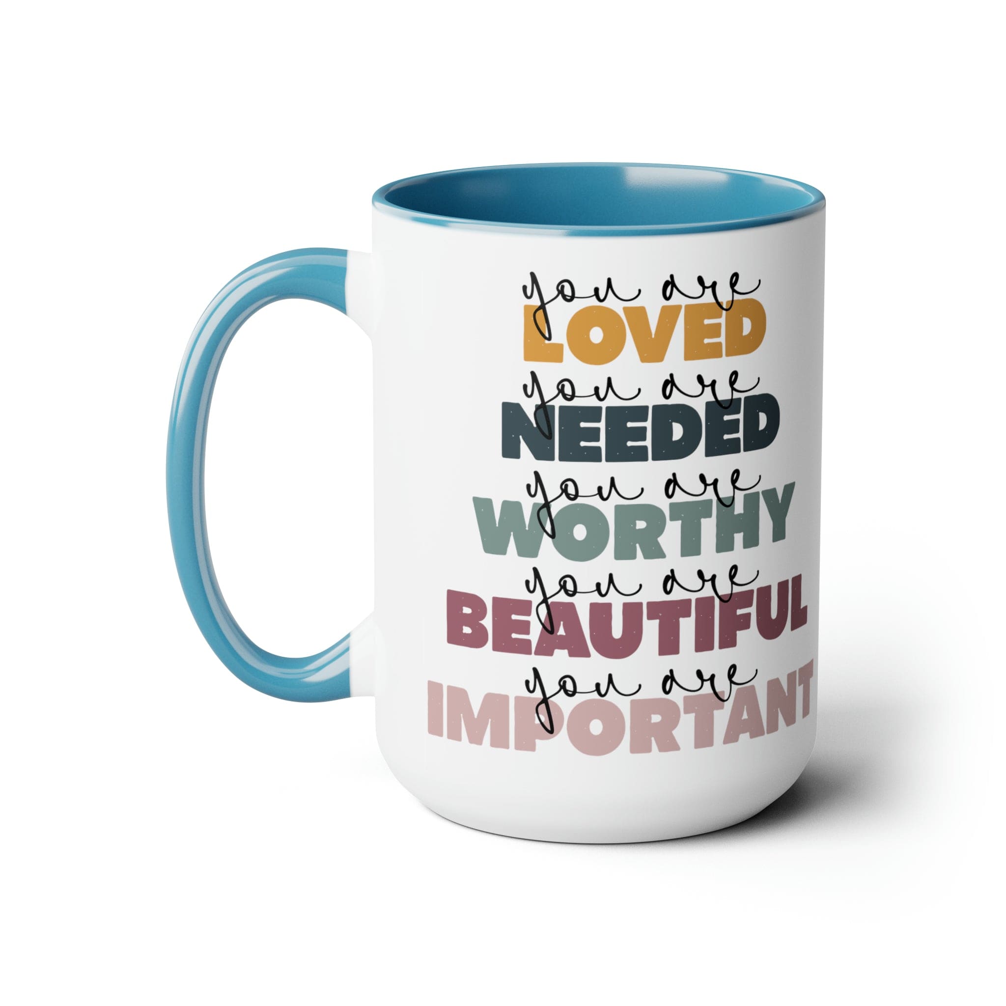 You Are Loved Ceramic Coffee Mug with a white exterior and colored interior, featuring a C-handle and inspirational message.