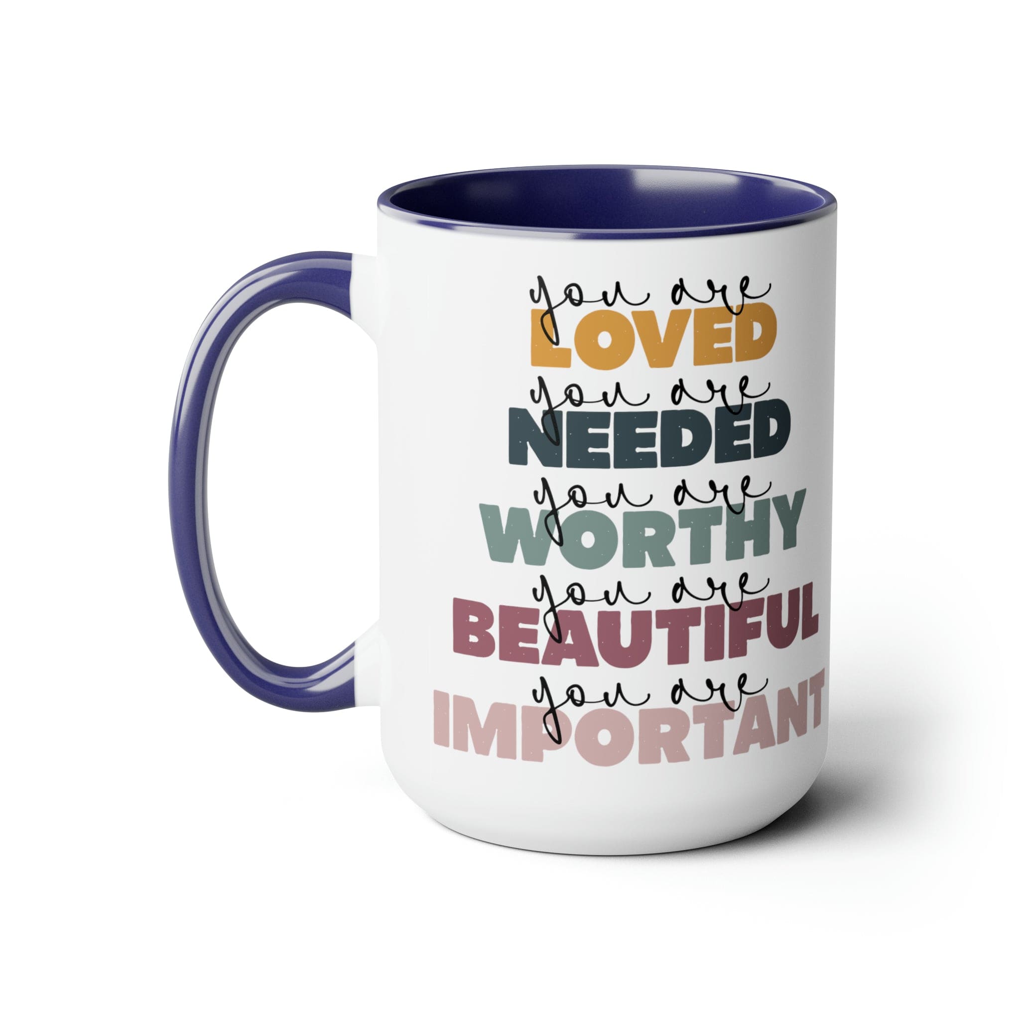 You Are Loved Ceramic Coffee Mug with a white exterior and colored interior, featuring a C-handle and inspirational message.