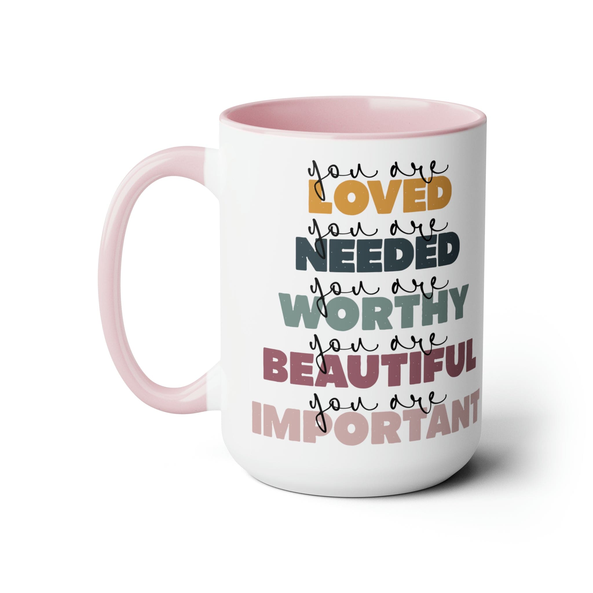 You Are Loved Ceramic Coffee Mug with a white exterior and colored interior, featuring a C-handle and inspirational message.