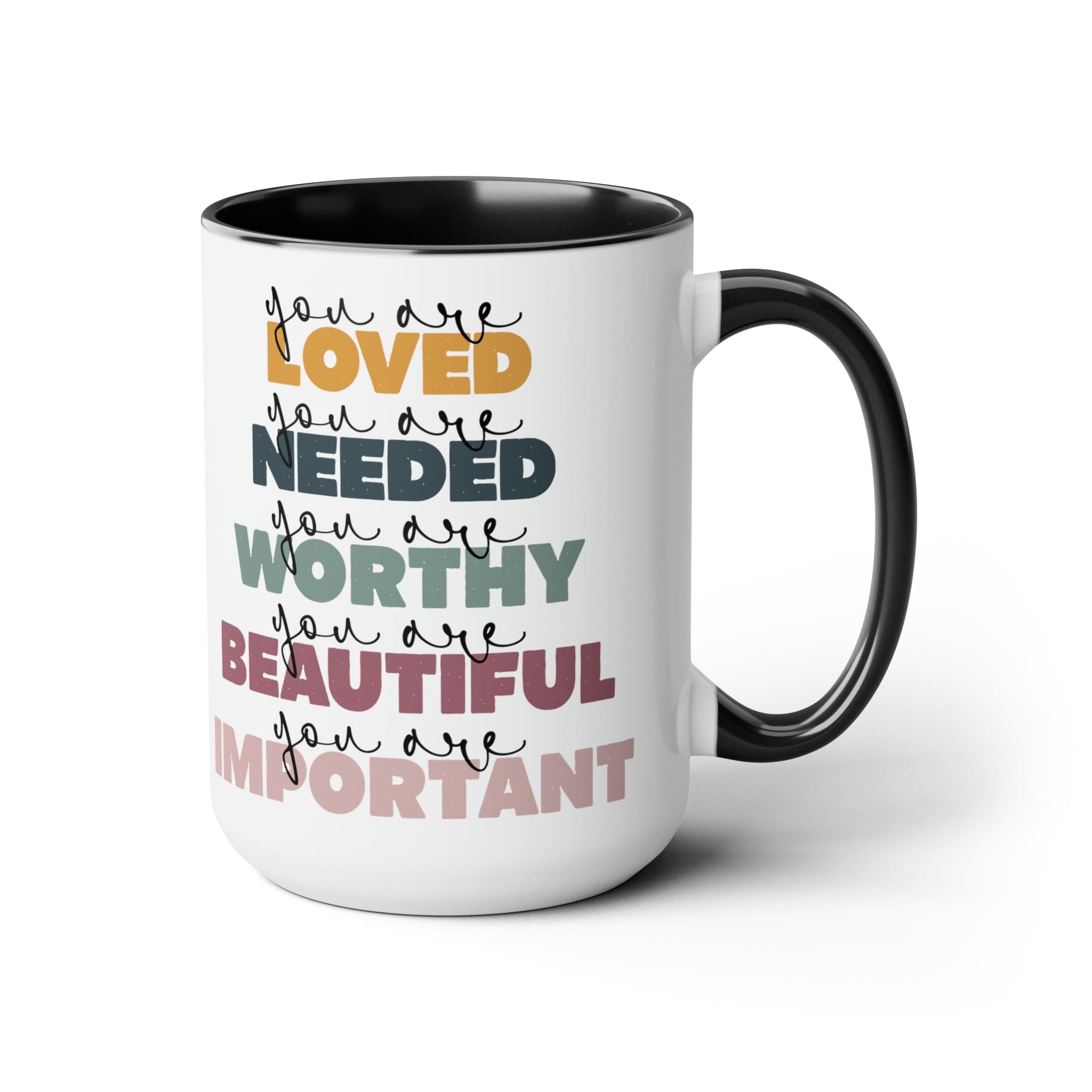 You Are Loved Ceramic Coffee Mug with a white exterior and colored interior, featuring a C-handle and inspirational message.