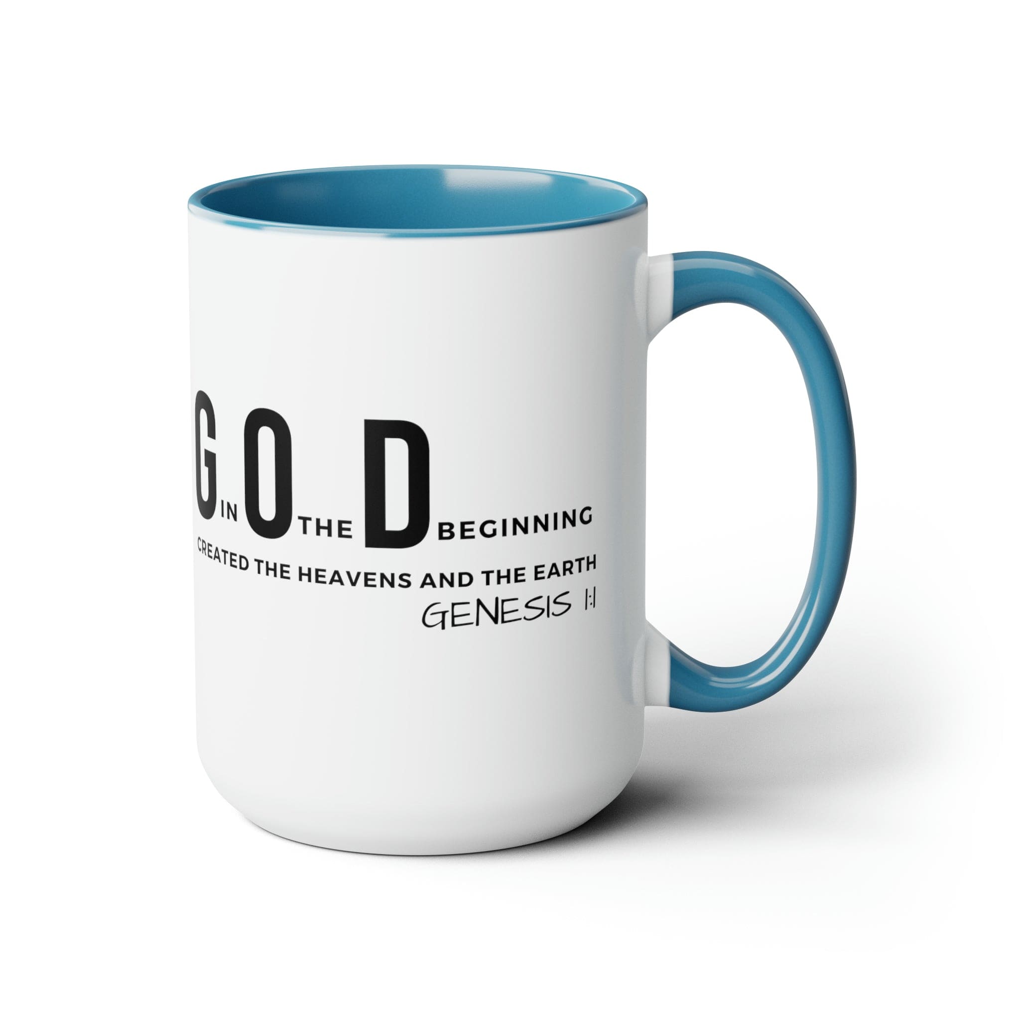 Accent Ceramic Mug 15oz featuring God in the Beginning print with a two-tone design, white exterior and colored interior.