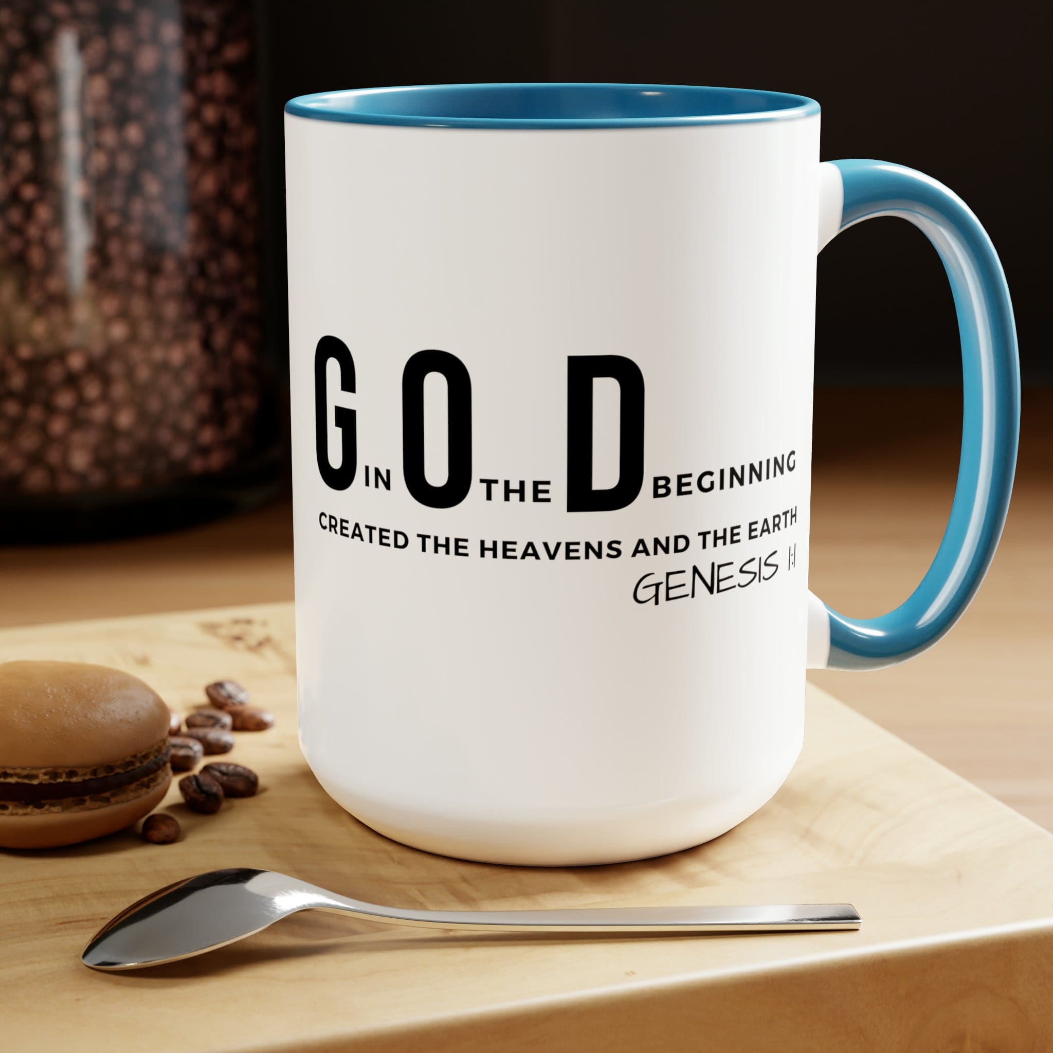 Accent Ceramic Mug 15oz featuring God in the Beginning print with a two-tone design, white exterior and colored interior.