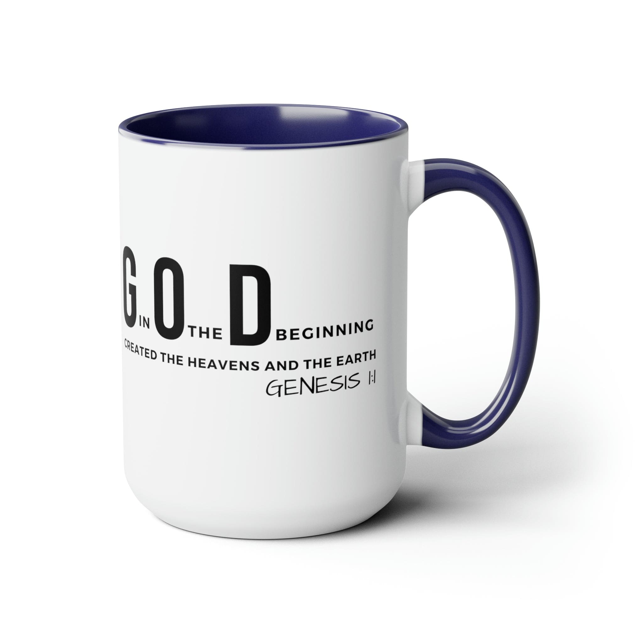 Accent Ceramic Mug 15oz featuring God in the Beginning print with a two-tone design, white exterior and colored interior.