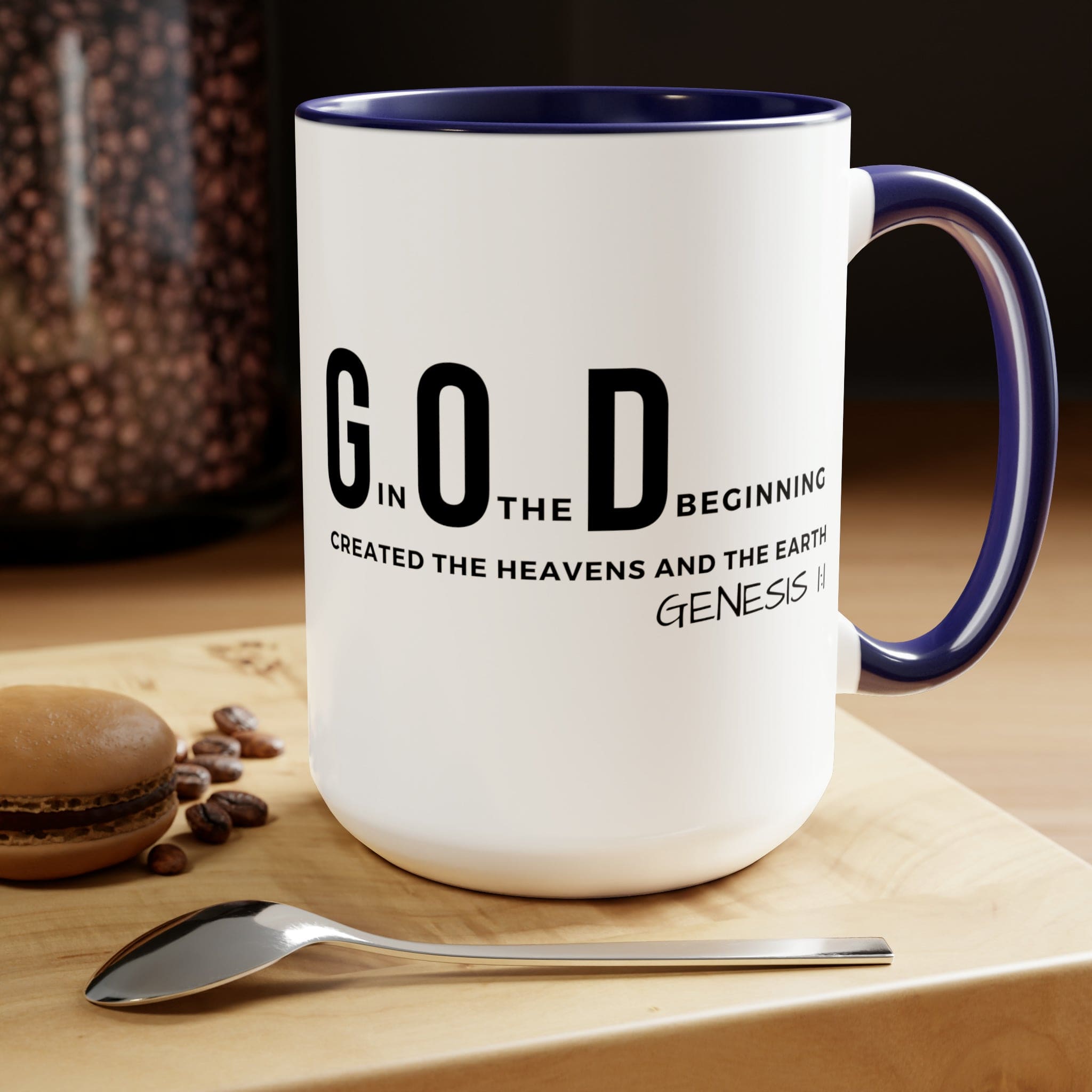 Accent Ceramic Mug 15oz featuring God in the Beginning print with a two-tone design, white exterior and colored interior.