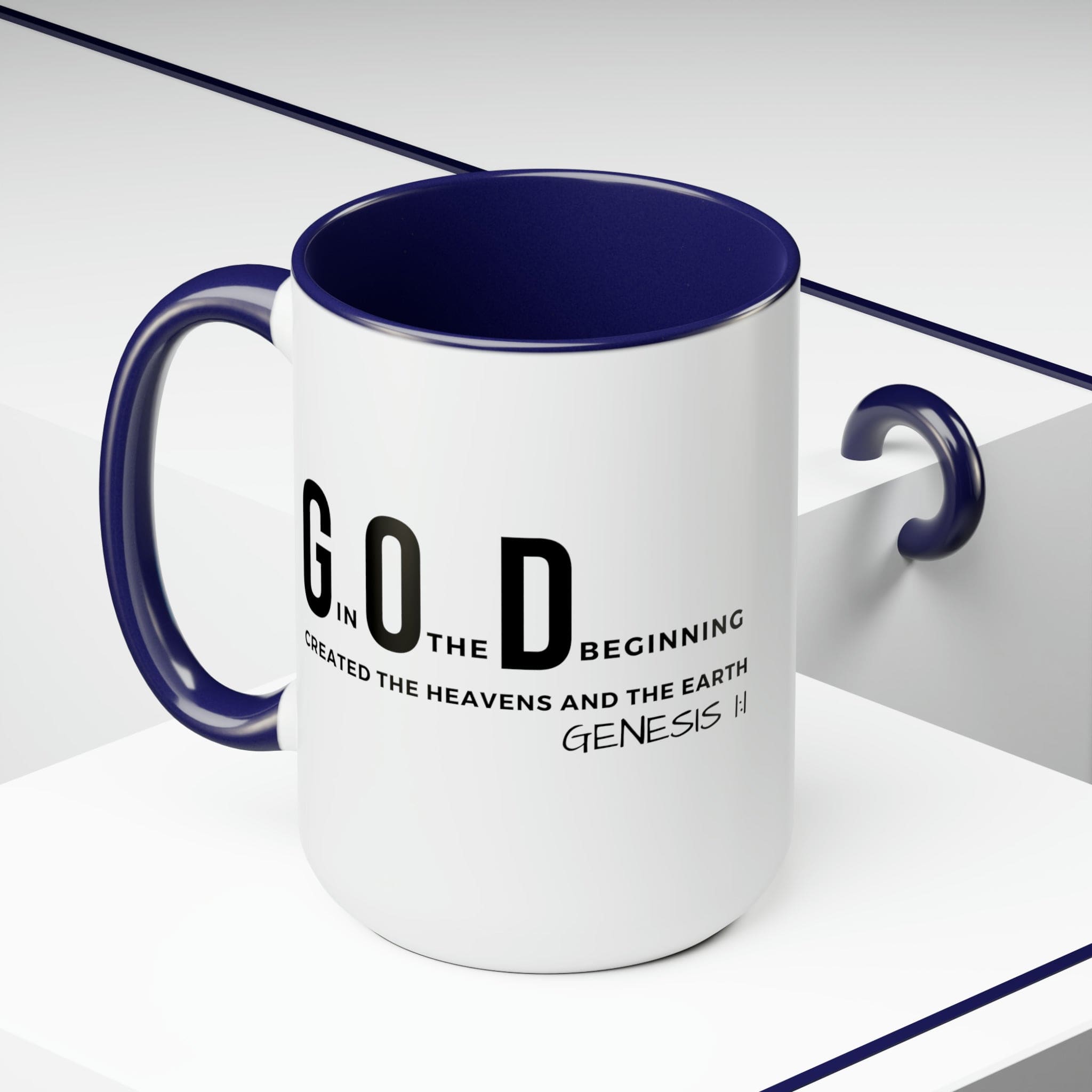 Accent Ceramic Mug 15oz featuring God in the Beginning print with a two-tone design, white exterior and colored interior.