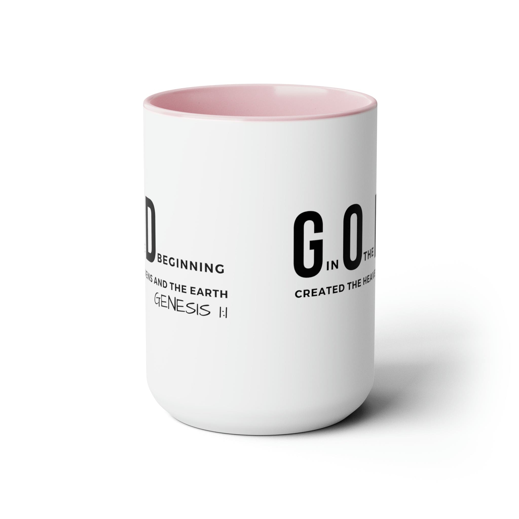 Accent Ceramic Mug 15oz featuring God in the Beginning print with a two-tone design, white exterior and colored interior.