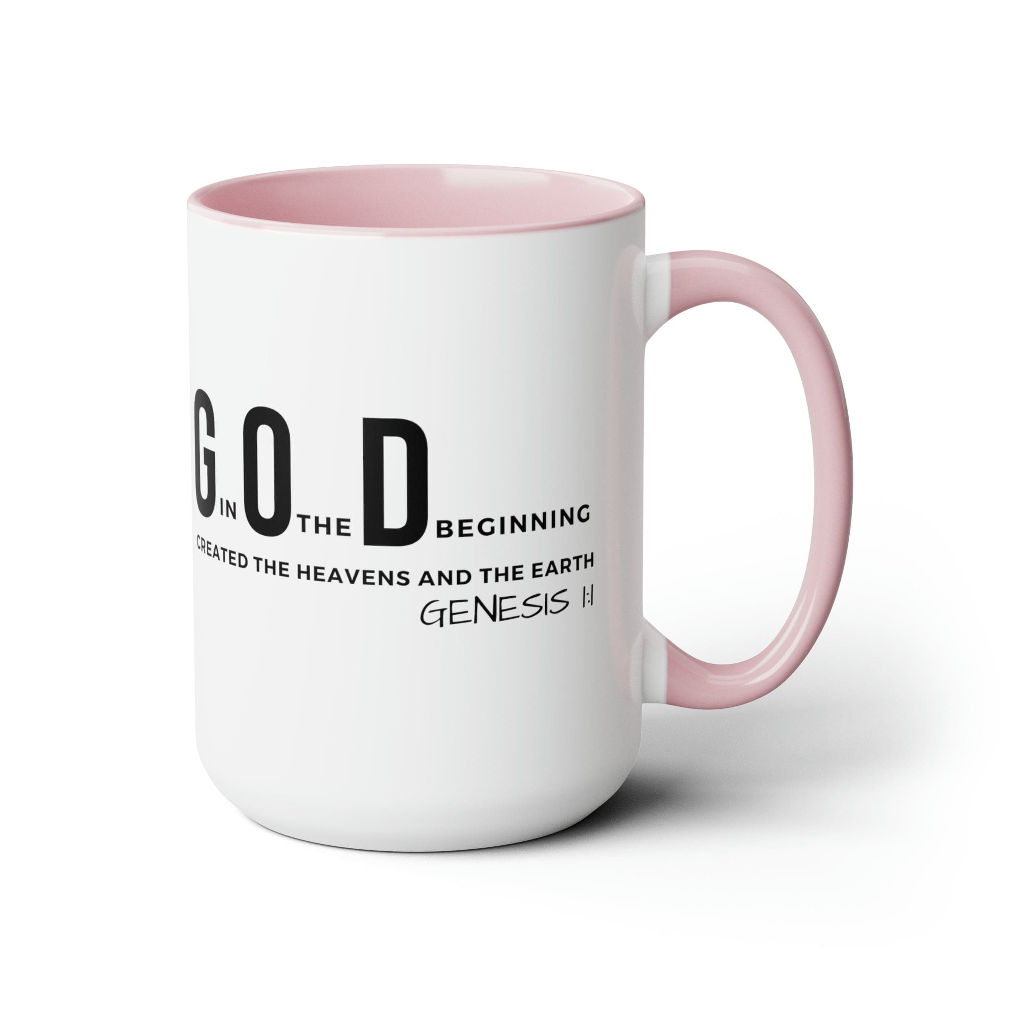 Accent Ceramic Mug 15oz featuring God in the Beginning print with a two-tone design, white exterior and colored interior.